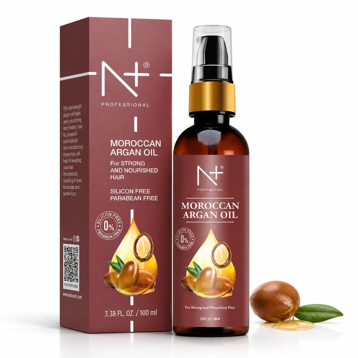 N PLUS Moroccan Argan Oil for Hair | Deep Nourishing Hair Oil for Dry, Damaged & Frizzy Hair | Adds Shine & Smoothness | Silicone & Paraben Free Hair Care for Women & Men | 3.38 fl oz (Pack of 2)