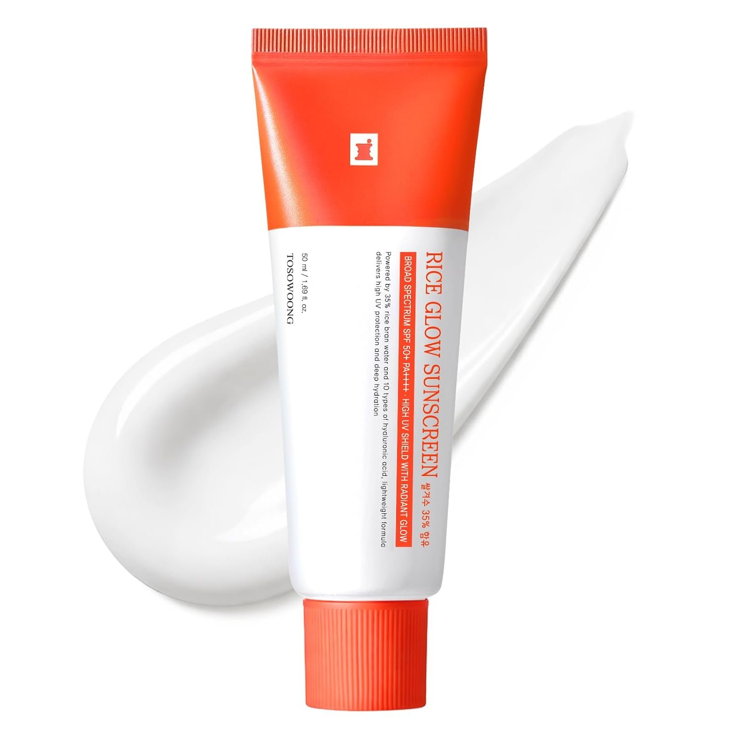 TOSOWOONG Rice Glow Sunscreen SPF50+ Broad Spectrum for Face, No White Cast | Rice Water, Hyaluronic Acid, UVA UVB Protection, Dewy Finish, Non-Greasy, Hydrating, Glass Skin, Korean Skincare, 1.69 fl oz