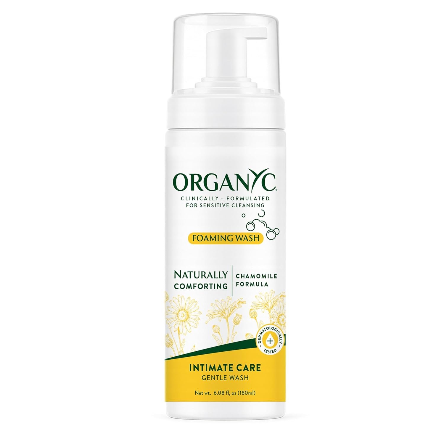 Organyc Intimate Foaming Wash for Women, Sensitive Skin Care, Certified Organic Ingredients, pH Balanced, Chamomile & Calendula, Gentle Daily Cleanser, 6.08 fl oz