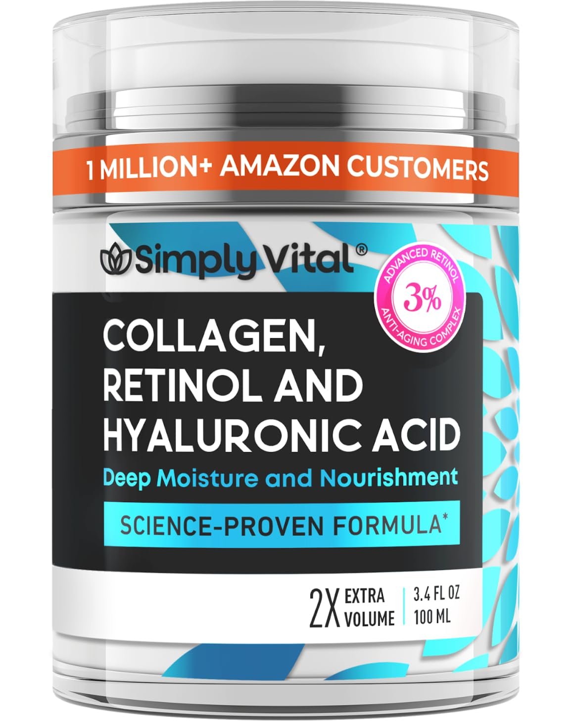 SimplyVital Face Moisturizer Retinol Collagen Hyaluronic Acid Cream 3.4 oz | Anti-Aging, Moisturizer Face Cream for Women & Men, Visibly Firming, Hydrating Neck Care, Day & Night Skin Care, Silky Feel