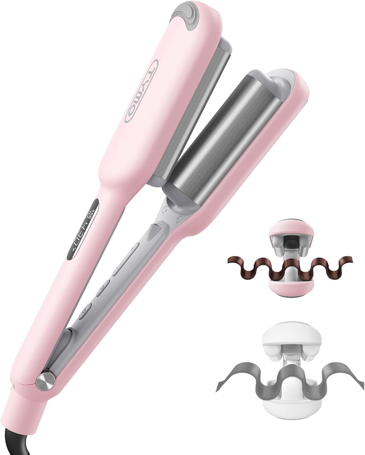 Curling Iron Hair Crimper Waver – TYMO ROVY Beach Waves Curling Wand, Ionic Deep Waver Hair Curler Tool with Ceramic 3 Barrel for Women, Dual Voltage, Anti-Scald, Easy to Use, Pink, 1 Inch