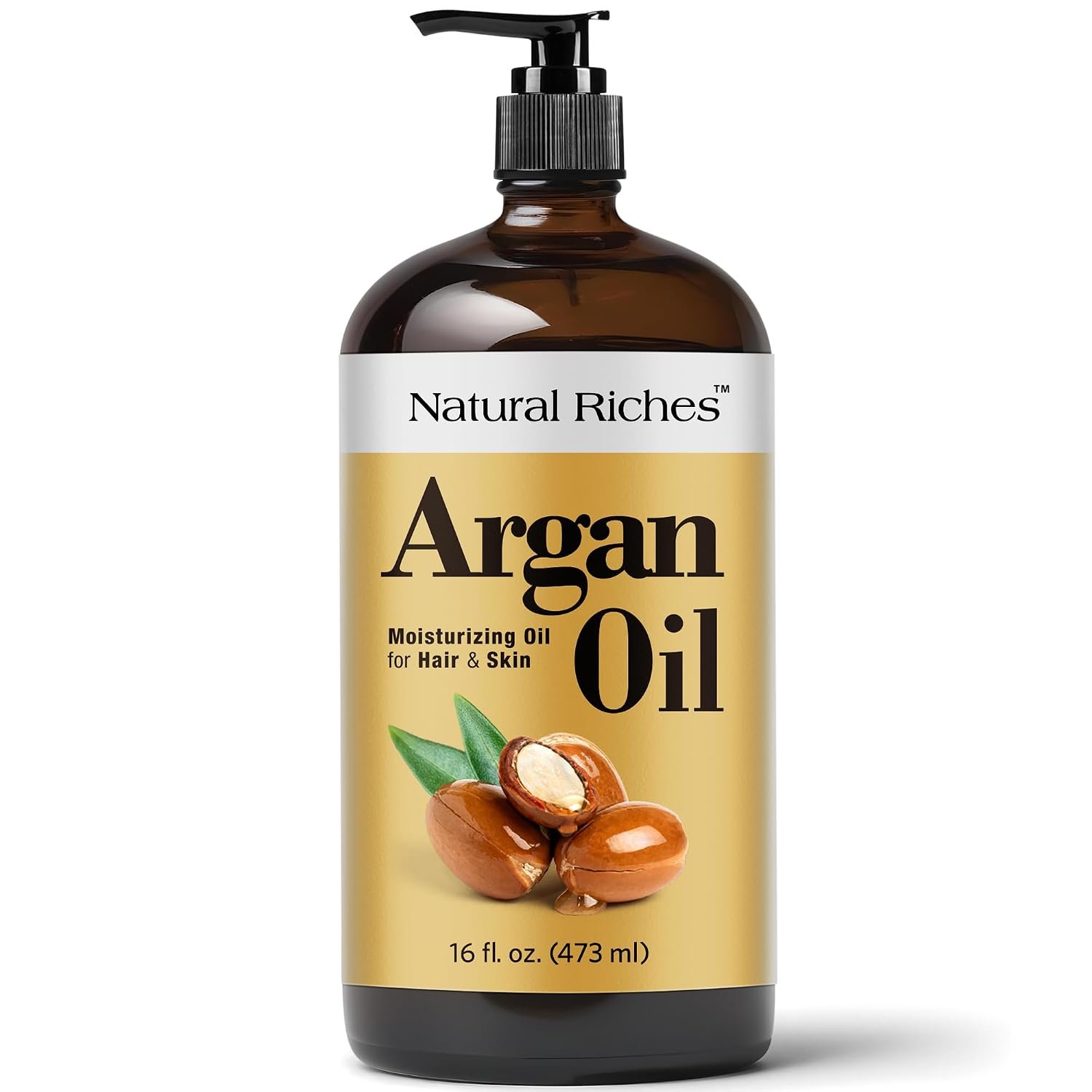 Argan Oil 16 Fl Oz Glass Bottle Deep Moisturizing Hair & Skin Oil | Cold Pressed Moroccan Argan Oil Hair Serum for Dry, Damaged & Coarse Hair – Natural Riches