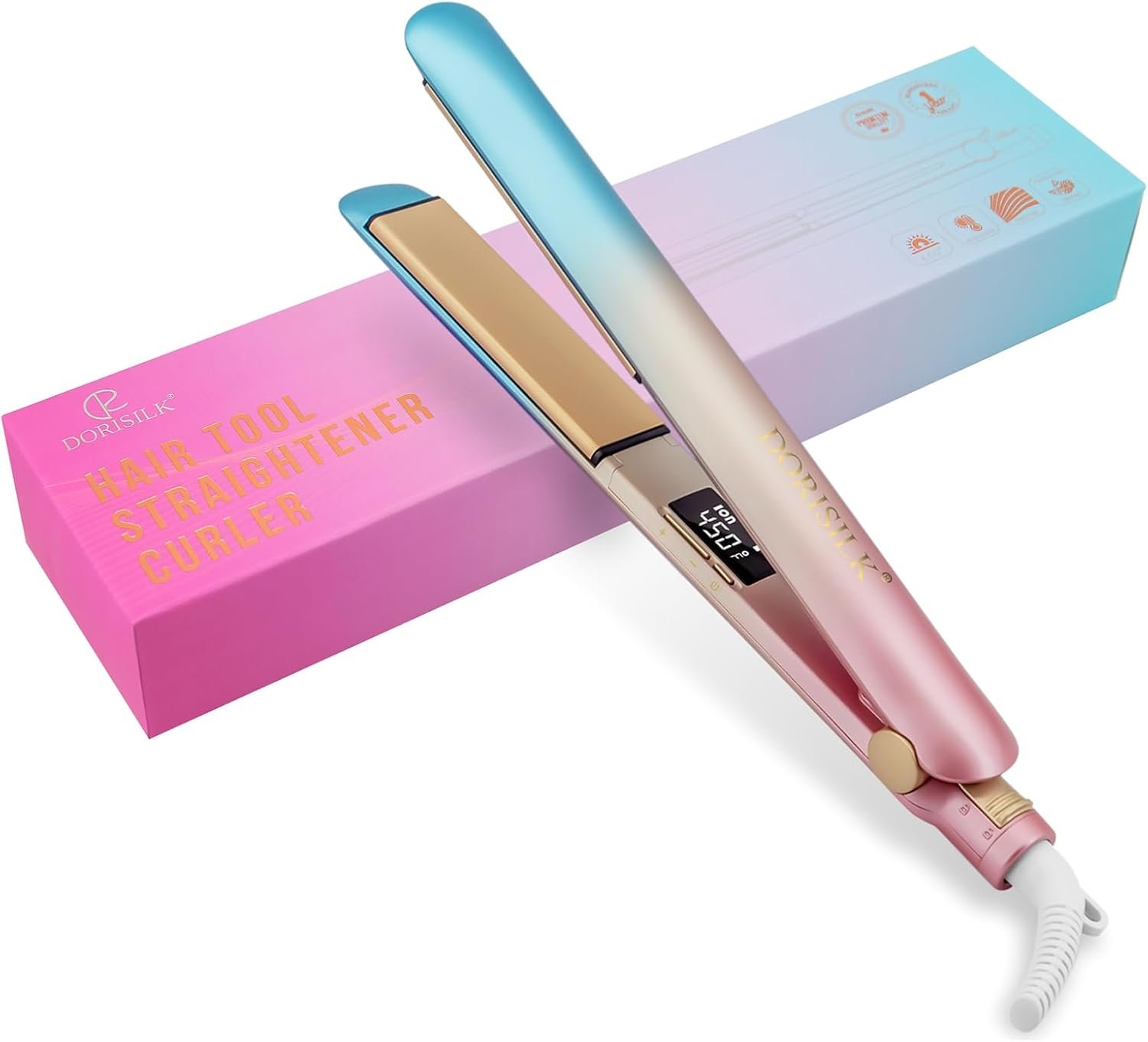 DORISILK Colorful Flat Iron 450 Degrees, Ceramic Hair Straightener and Curler 2 in 1, 30s Fast Heat Straightening Iron for Hair, Dual Voltage Hair Iron 1 Inch Salon Control Temp Gift for Women Girls