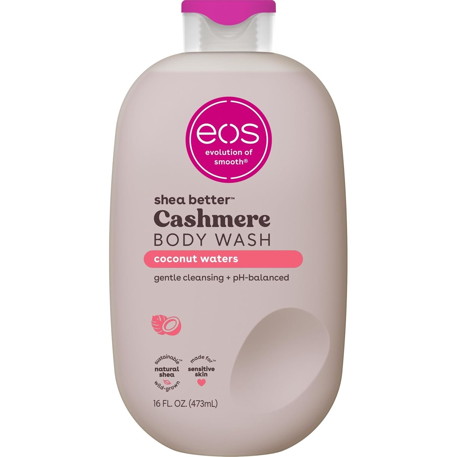 eos Cashmere Body Wash – Coconut Waters, Moisturizing Body Wash, Creamy Gel Formula, with Shea Butter, Glycerin, Vitamin E, pH Balanced, Sensitive Skin, Vegan, 16 fl oz