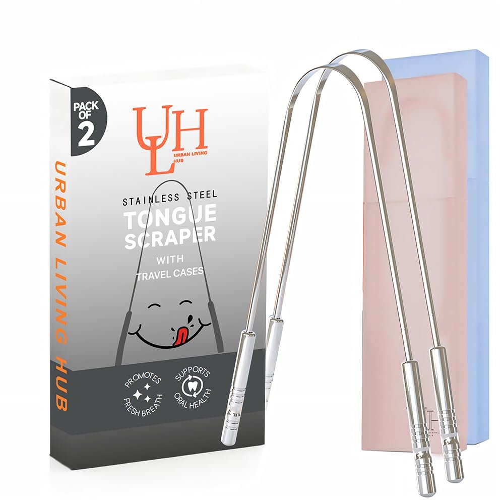 Urban Living Hub Tongue Scraper for Adults, Stainless Steel Tongue Cleaner for Bad Breath, Oral Care Tool, Rust-Resistant, Reusable Easy-Grip Design with Travel Case, 2 Pack