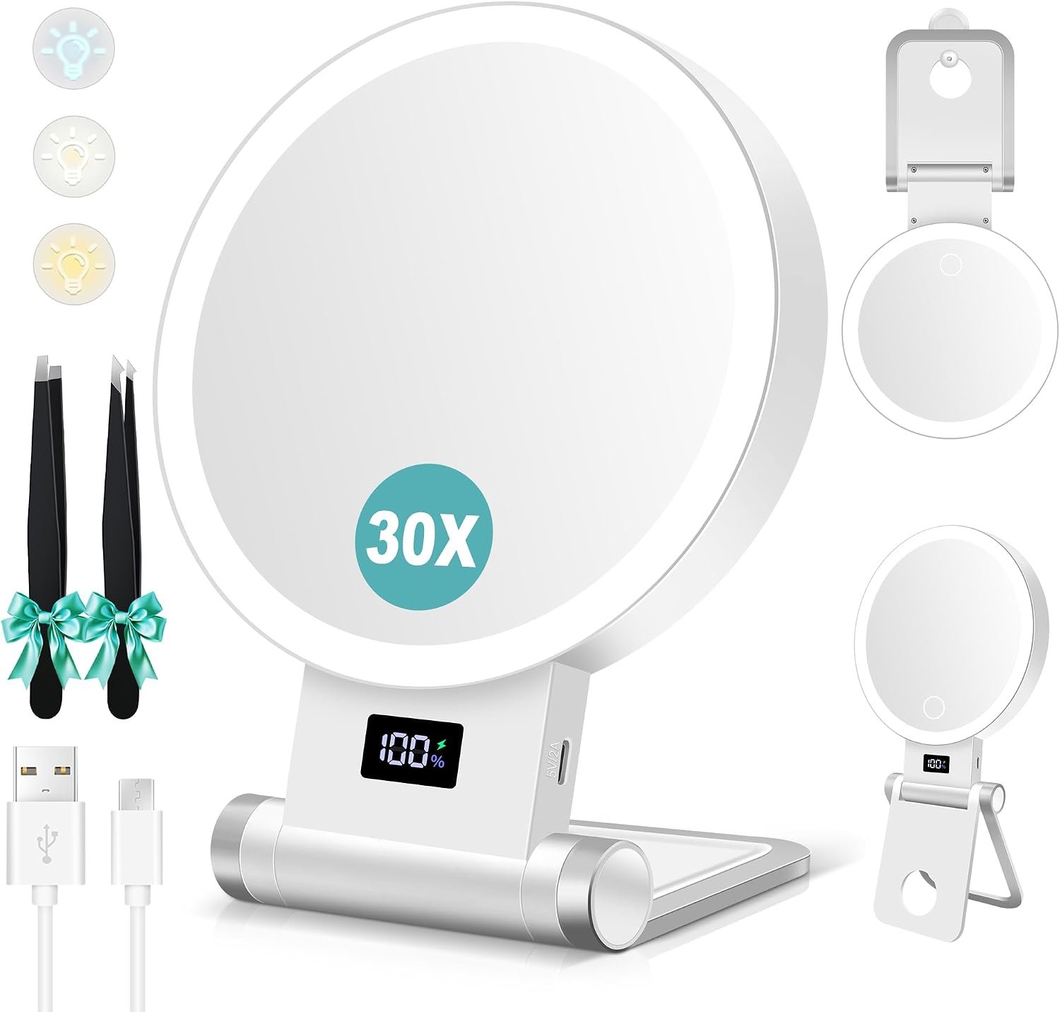 Magnifying Mirror with Light 30X, 2000mAh 1X/ 30X Magnifying Makeup Mirror with Standable Base & Tweezers, 3 Color Modes with Adjustable Brightness& Smart Display, Foldable for Travel