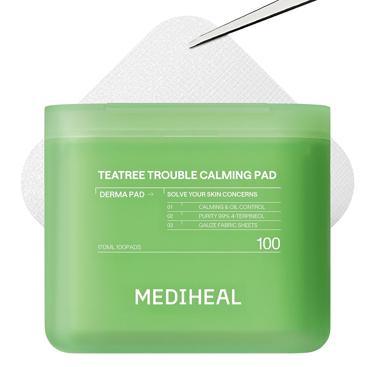 MEDIHEAL Teatree Trouble Calming Toner Pads, Quick Soothing (100 Count) | with Tea Tree Leaf Oil | for Sensitive & Acne-Prone Skin| Non-comedogenic | Plastic-Free Vegan Pads | Korean Derma Toner Pads