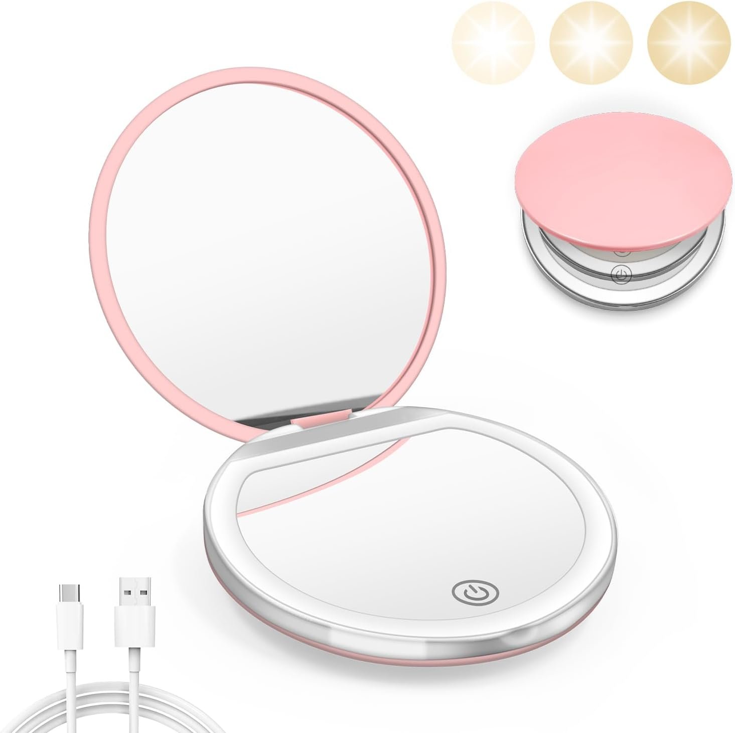 Pink Compact Mirror with Light, 1X/3X Magnification LED Pocket Mirror | USB Data Cable, Mini, Purse, Pocket, Travel, Gift, makeup, mini, women, essentials, LED, fiberglass