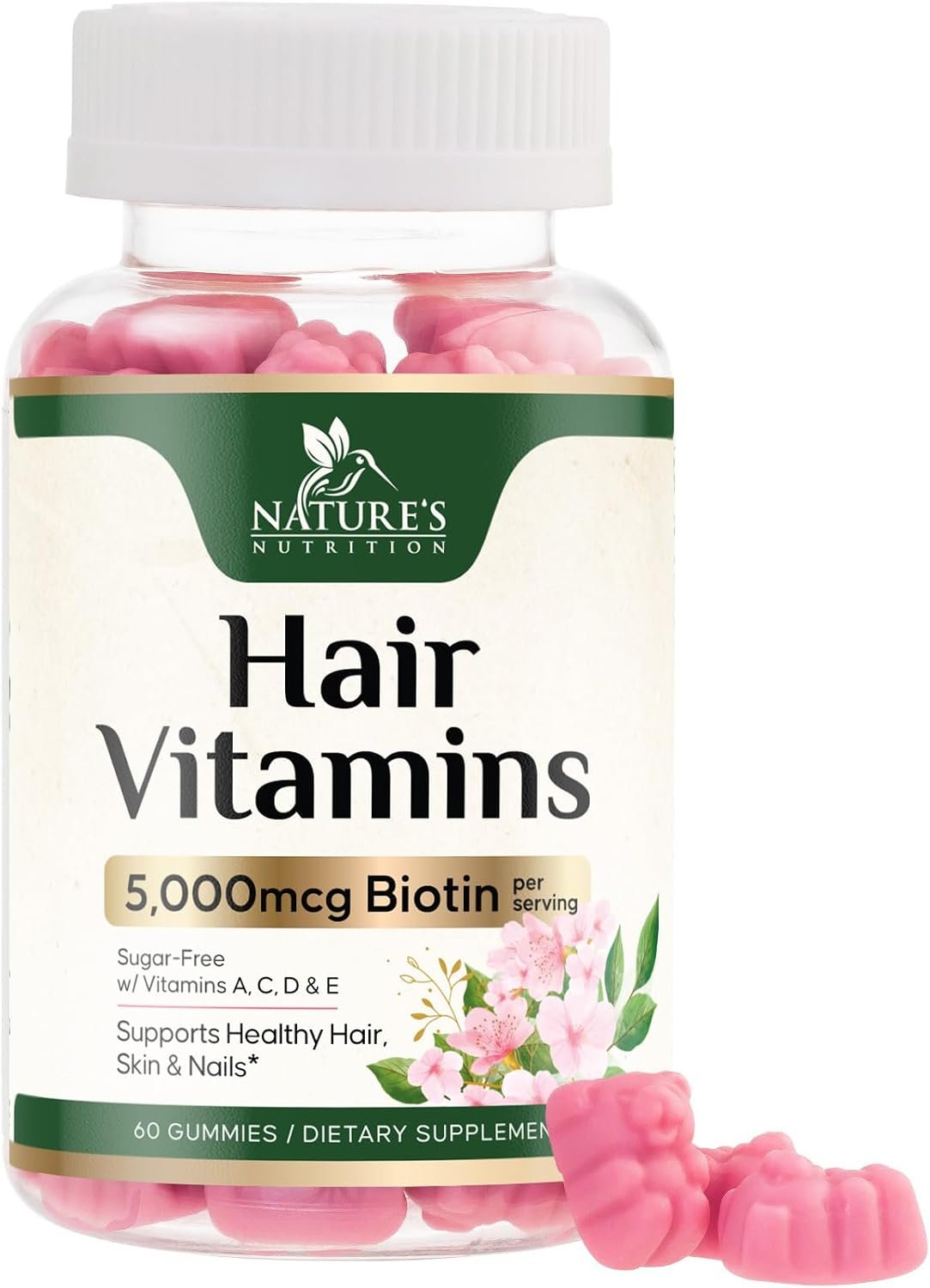 Hair Vitamins Gummies with Biotin 5000 mcg Per Serving – Extra Strength Hair Growth Support Vitamin E & C – Stronger Radiant Hair, Skin & Nails Supplement – Hair Growth Support Gummy – 60 Gummies