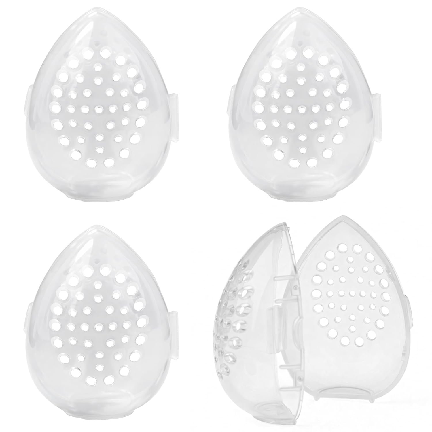 Framendino, 4 Pack Breathable Makeup Sponge Case Protective Plastic Beauty Container Blender Holder Cosmetic Egg Storage Cases for Women Travel Clear Teardrop-Shaped