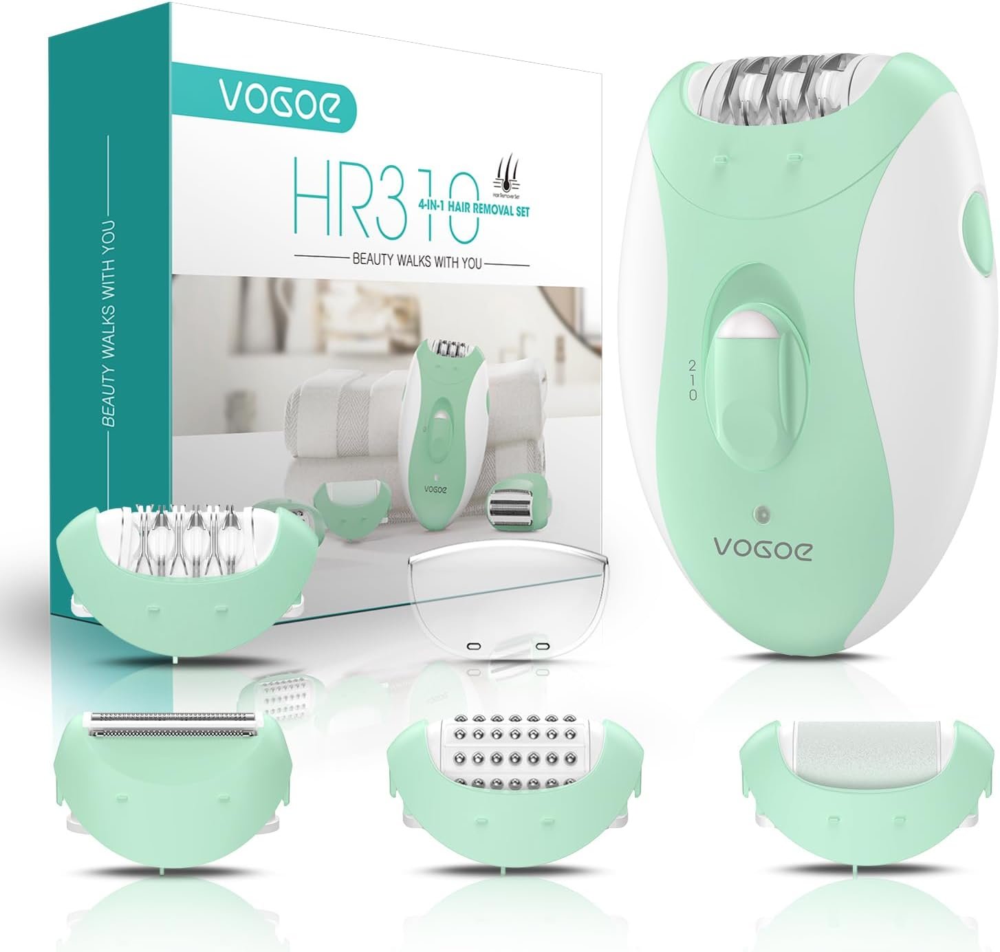 VOGOE Epilator for Women-Cordless Epilators Hair Removal for Body HR310 | 4-in-1 Electric Razor Hair Remover, 21 Tweezers, Rechargeable & 2 Speeds for Legs Arms Face Armpit Bikini, Green