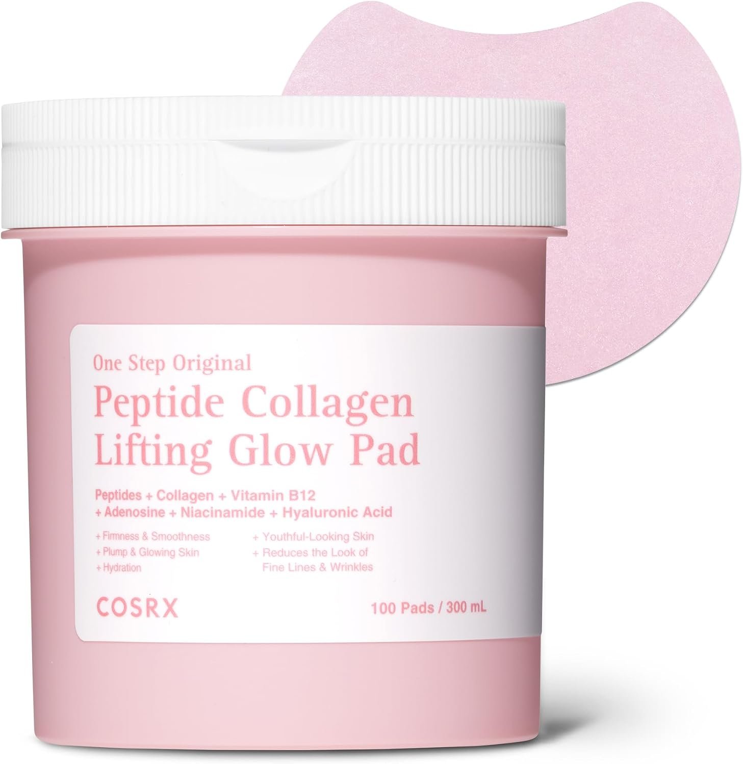 COSRX OneStep Peptide Collagen Toner Pads, Lifting & Glow Care (100 Pads) | Improving Elasticity, Plumping Toner Pads with Peptide, Collagen, Niacinamide & Anti-Aging Care, Korean Skin Care