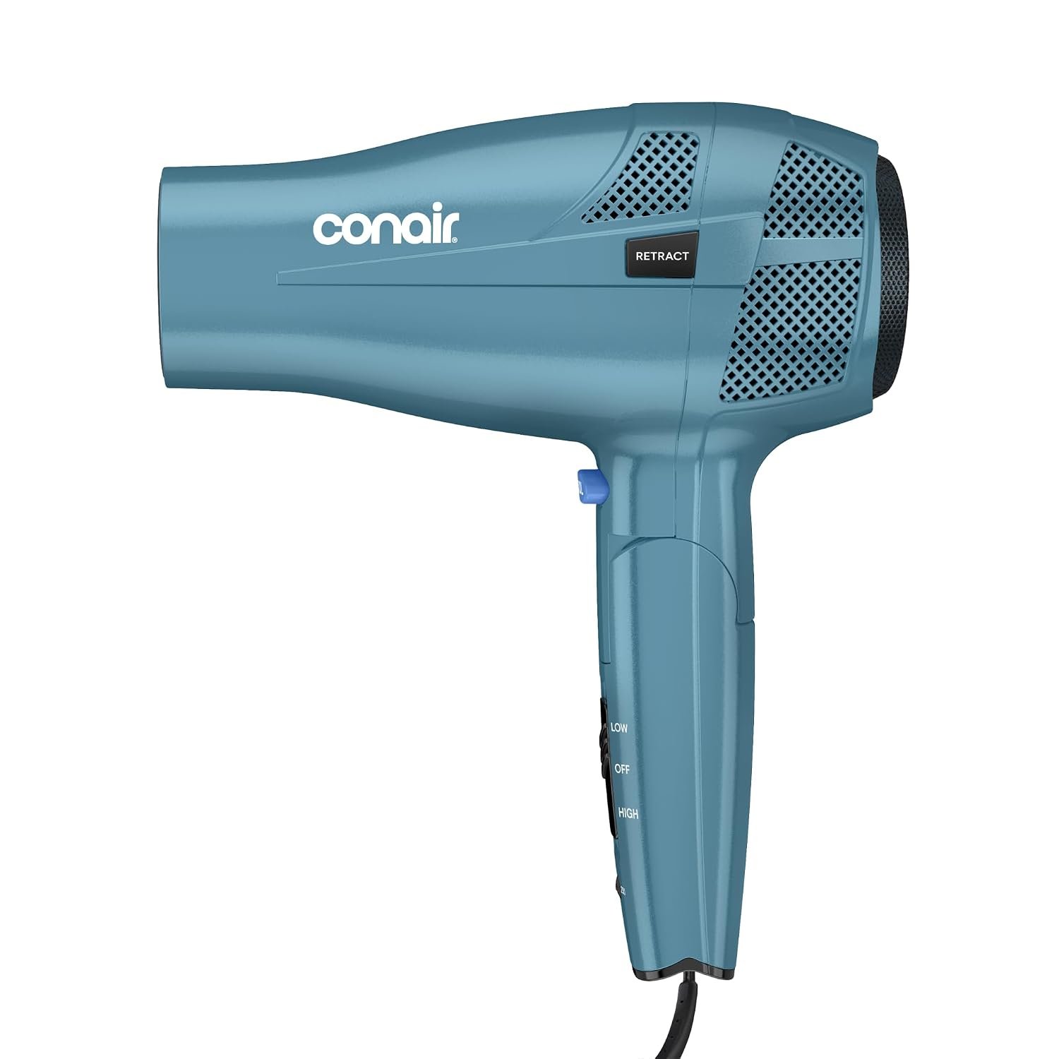 Conair Travel Hair Dryer, Dual Voltage, Folding Handle, 1875W, Blue | Travel blow dryer for at home and on the go, 1.75-lb. design with dual-voltage compatibility and a retractable 5-foot cord