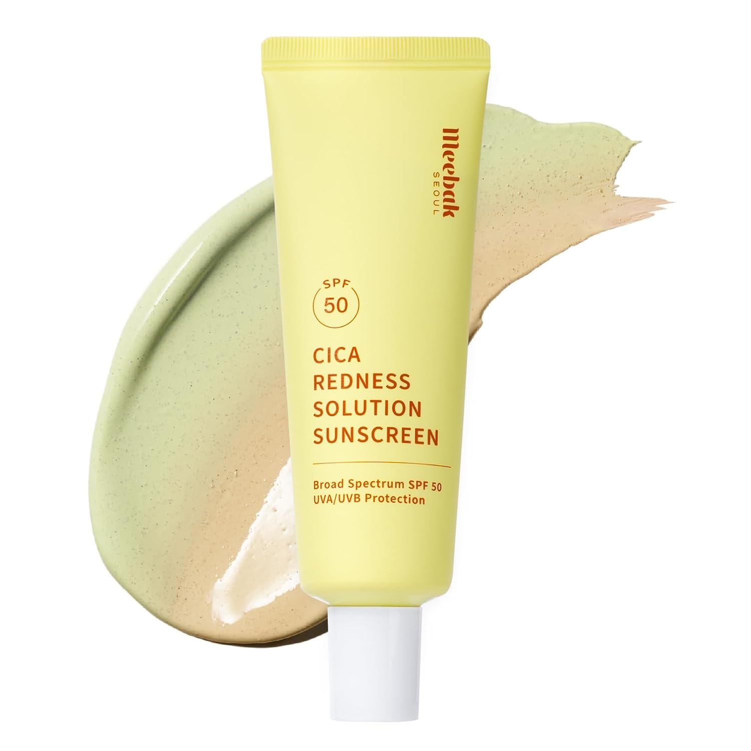 Meebak Tinted Sunscreen SPF 50 | Redness Correcting CC Cream, Green Color Corrector, Centella Sunscreen, Tone Perfecting Primer w/Centella & Ceramide, Fair to Medium Skin Tone, Korean Skin Care 50ml