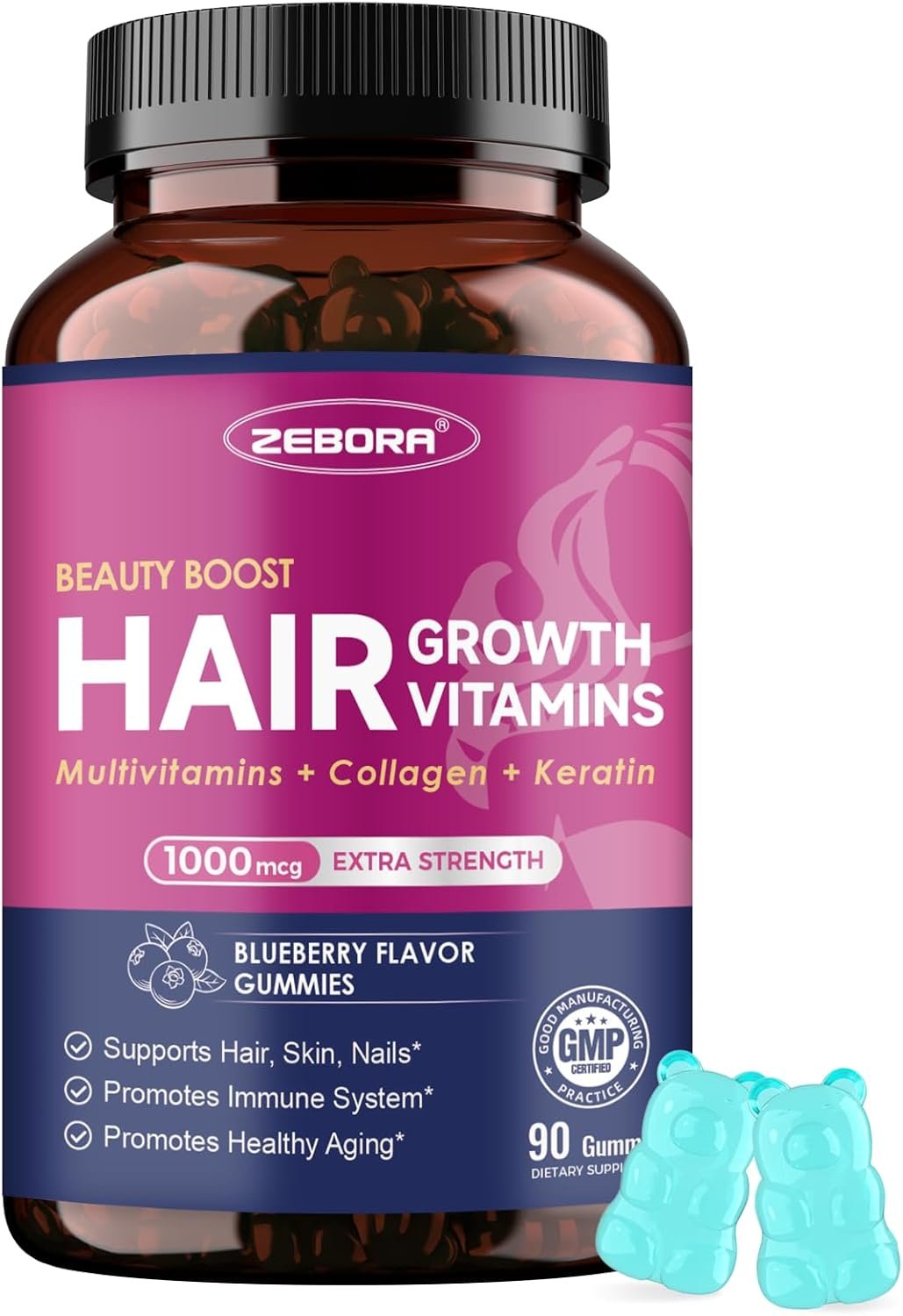 ZEBORA Biotin Gummies with Hyaluronic Acid & Keratin, 90 Blueberry Gummies | Hair, Skin, and Nails Vitamins to Support Hair Growth, Stronger Nails, and Healthy Skin for Women and Men, Blueberry Flavor