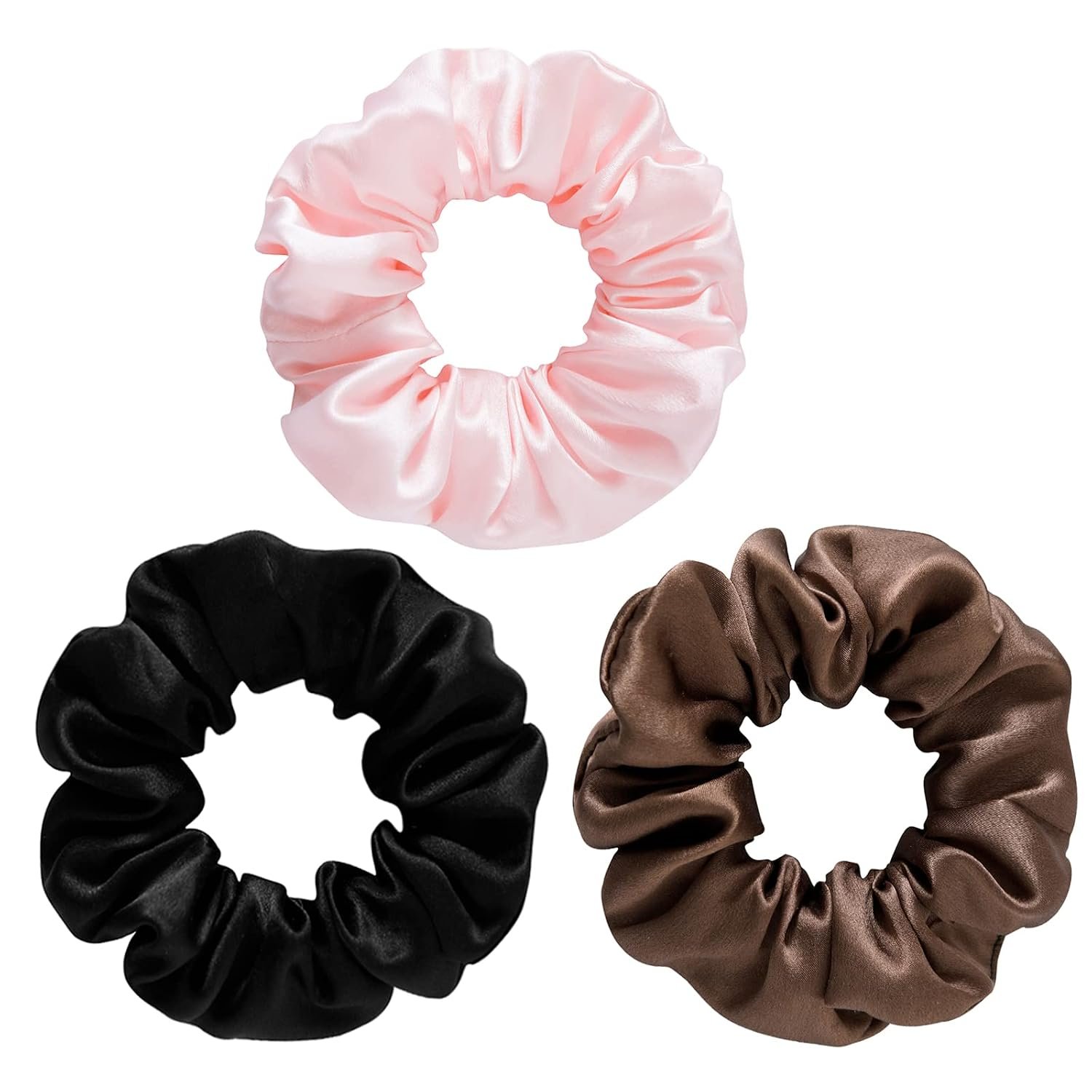 Silk Scrunchies for Women – 100% Mulberry Silk Hair Ties, 3 Pack, No Damage Elastic Ponytail Holders (Brown, Black, Pink)