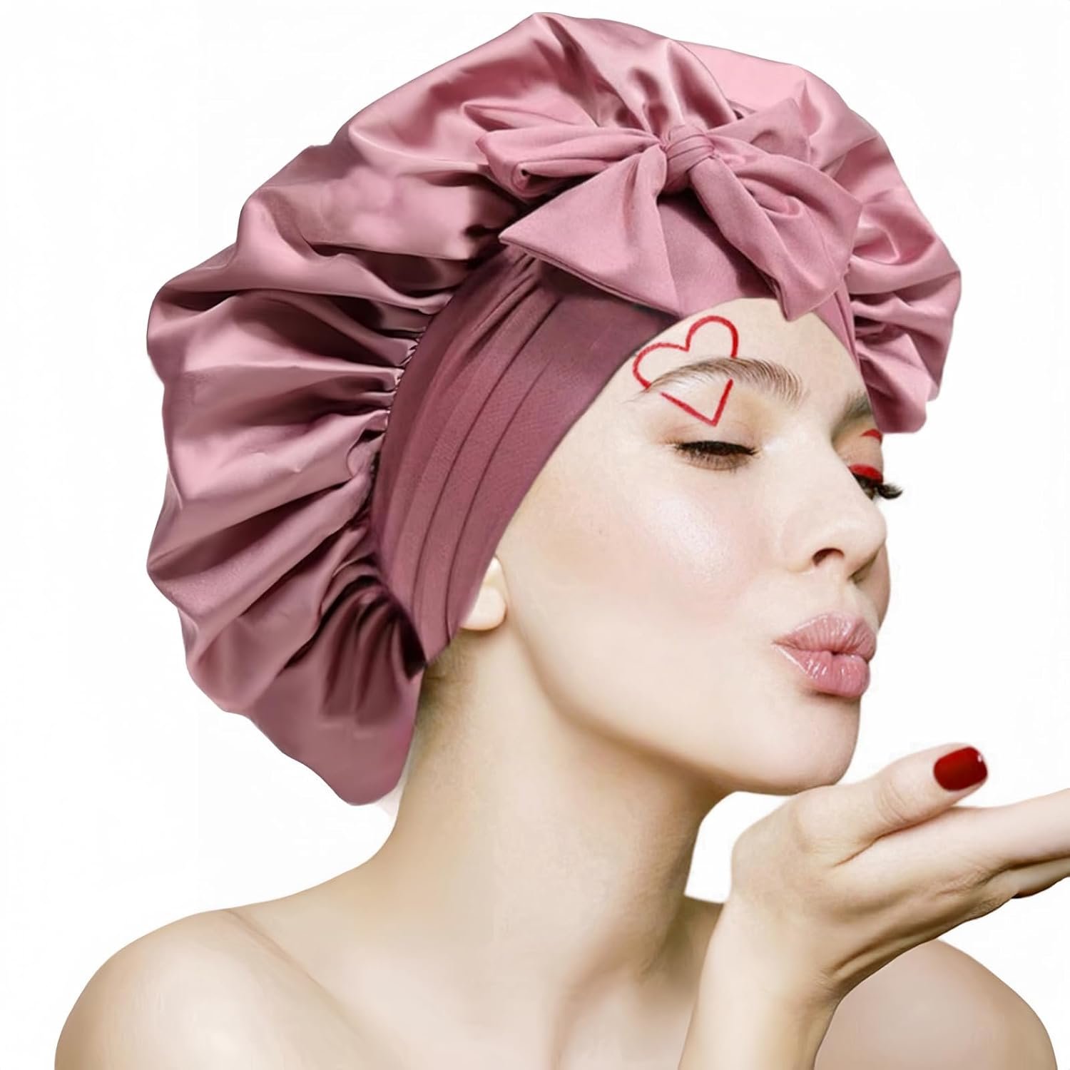 VECIIR Silk Bonnet for Sleeping Women，Hair Bonnet for Sleeping Silk Night Cap for Curly/Natural Hair Skin Pink,Large