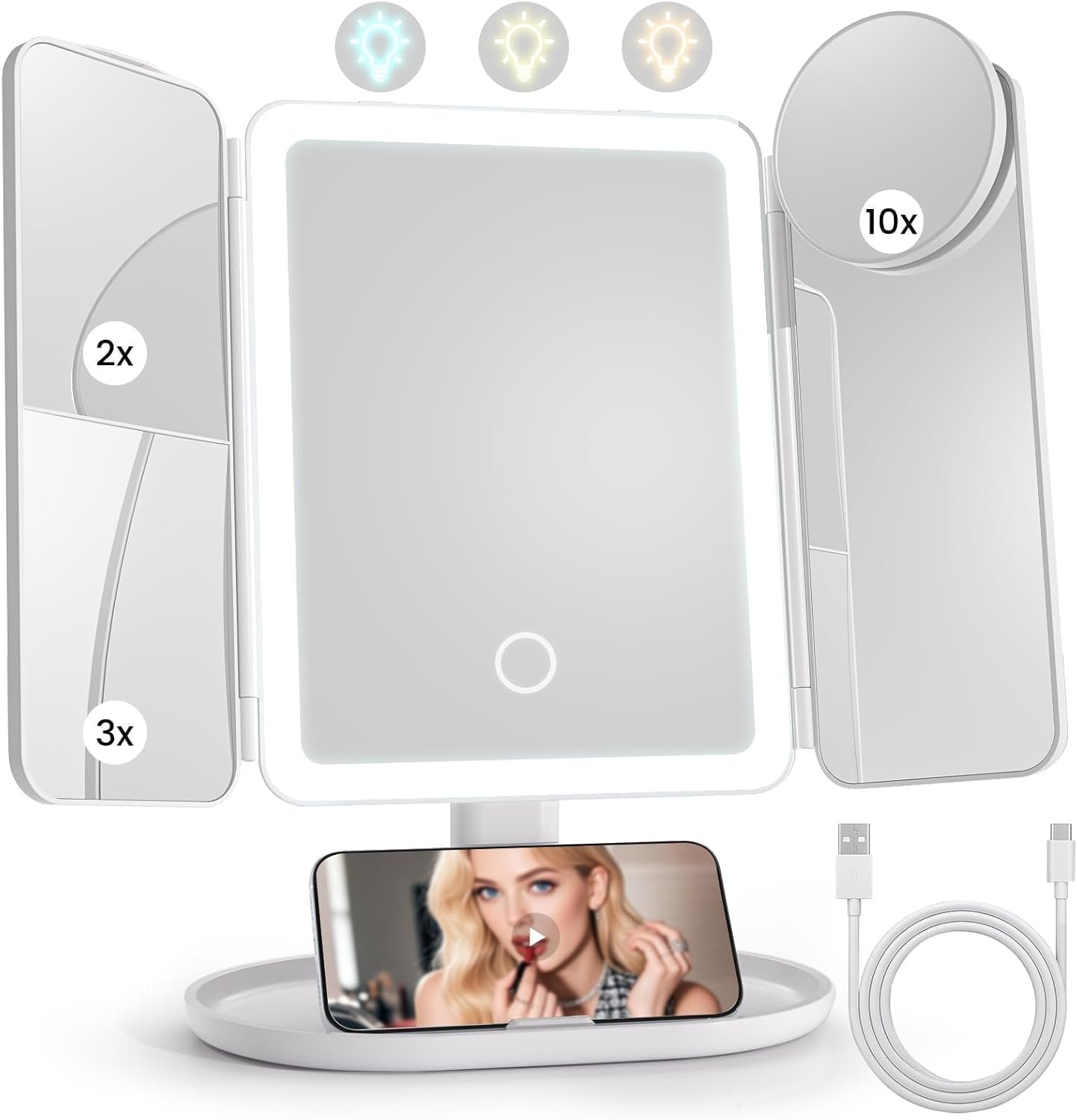 Lupow Lighted Makeup Vanity Mirror, 4 Magnifications, Rechargeable, Trifold | 1X/2X/3X/10X Views, Seamless Light Strip, Dimmable 3-Color Lighting, 2000mAh Battery, Height Adjustable, Gift For Women