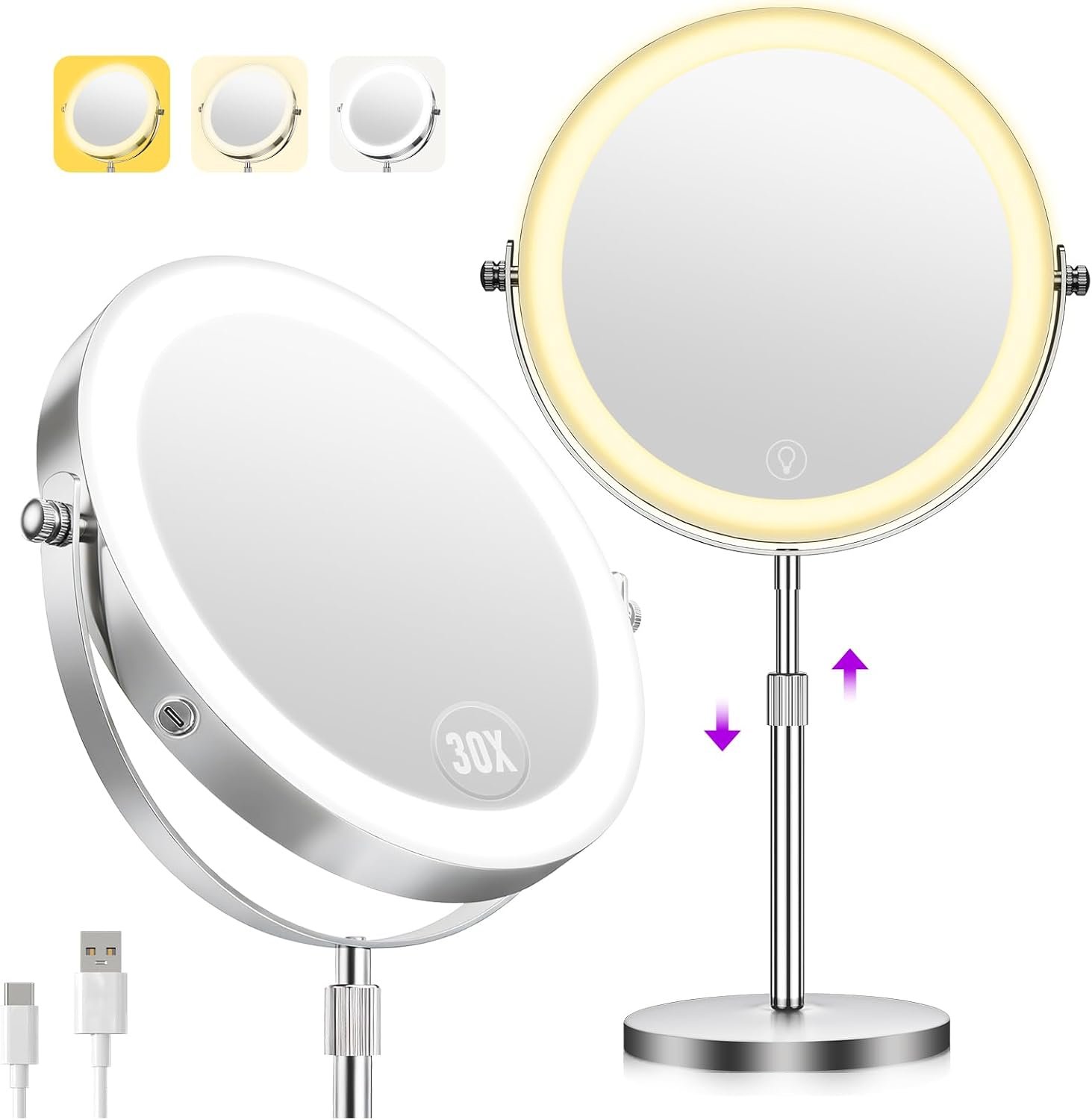 1X/30X Makeup Mirror with Lights, Brightness Adjustable with 3 Colors, Double Sided Magnifying Mirror with 360° Rotation, Lighted Makeup Mirror with Magnification, Ideal Gift for Women