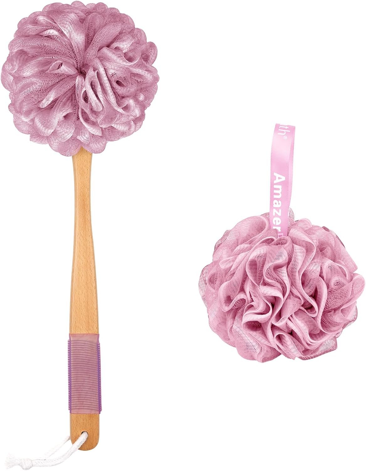 AmazerBath Shower Sponge Loofah Back Scrubber, PE Soft Mesh Loofah Body Scrubber with Long Wooden Handle, Bath Sponge for Men Women (Pink)