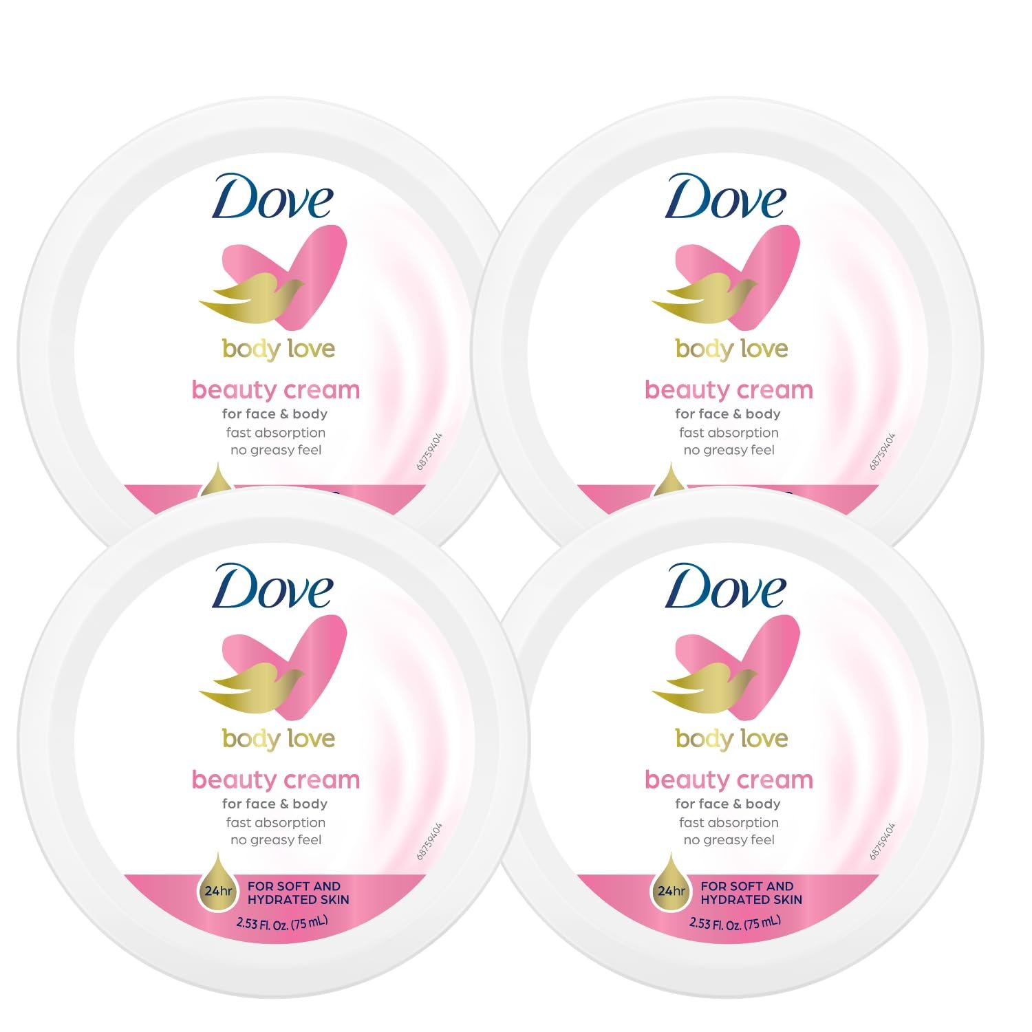 Dove Nourishing Body Care, Face, Hand, and Body Beauty Cream for Normal to Dry Skin Lotion for Women with 24-Hour Moisturization, 4-Pack, 2.53 Oz Each Jar