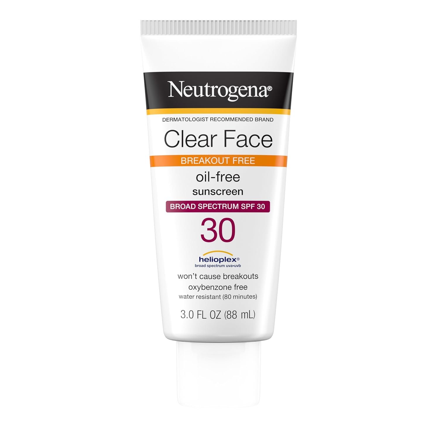 Neutrogena Clear Face Sunscreen Lotion SPF 30, 3 fl. oz | For Acne-Prone Skin, Broad Spectrum UVA/UVB Protection, Fragrance-Free, Oxybenzone-Free, Water-Resistant (80 min)