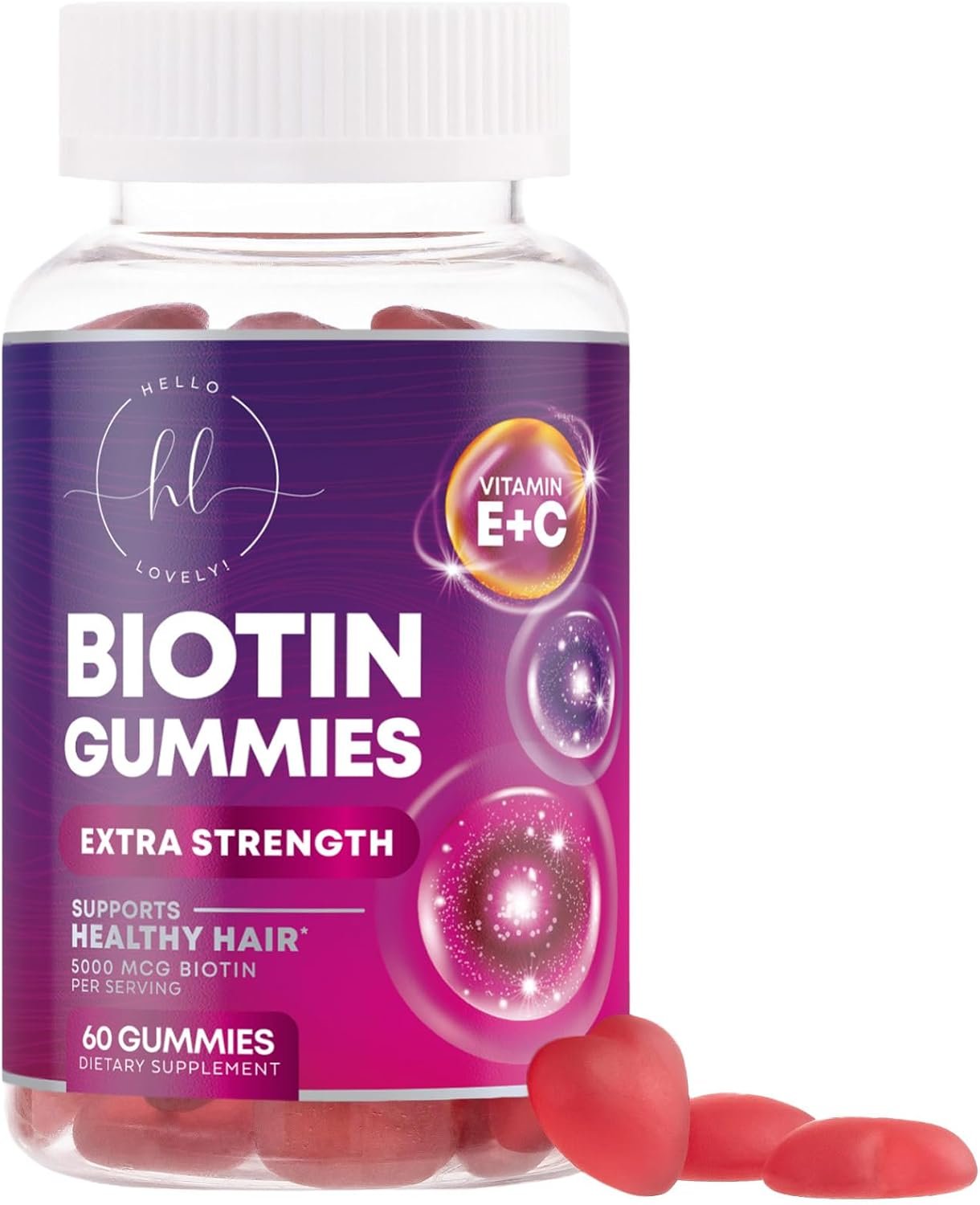 Hair Vitamins Gummies with Biotin 5000 mcg per Serving – Hair Growth Support with Vitamins E & C for Thicker, Stronger & Beautiful Hair – Hair Skin and Nails Vitamin, Gluten Free – 60 Gummies