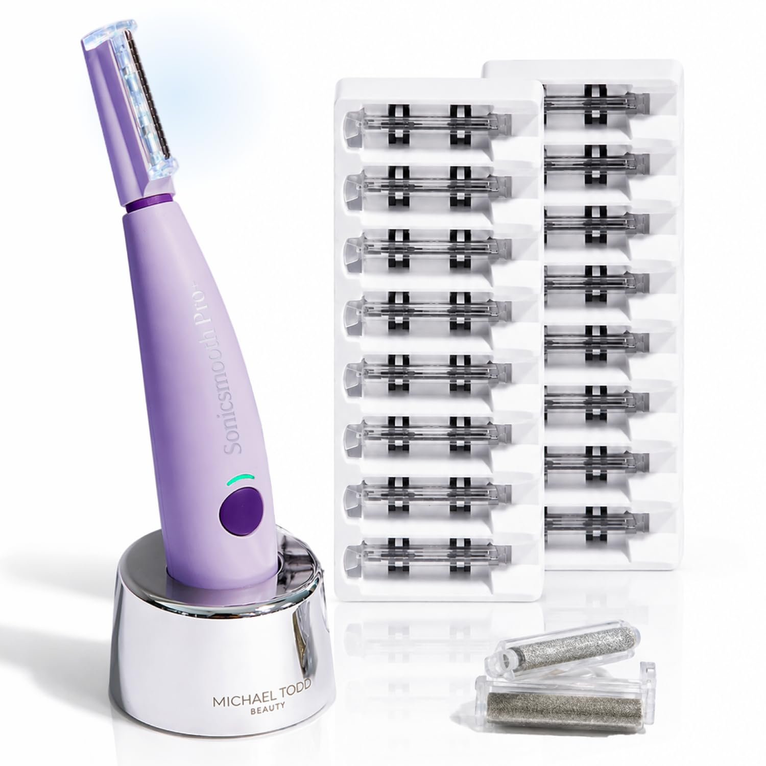 Michael Todd Beauty Sonicsmooth Pro+ Dermaplaning System & Eyebrow Trimmer | Peach Fuzz Removal, Dermaplane Razor for Women Face w/ 16 Blades & 2 Microsmooth Exfoliation Tips, LED Light, 3-Year Warranty