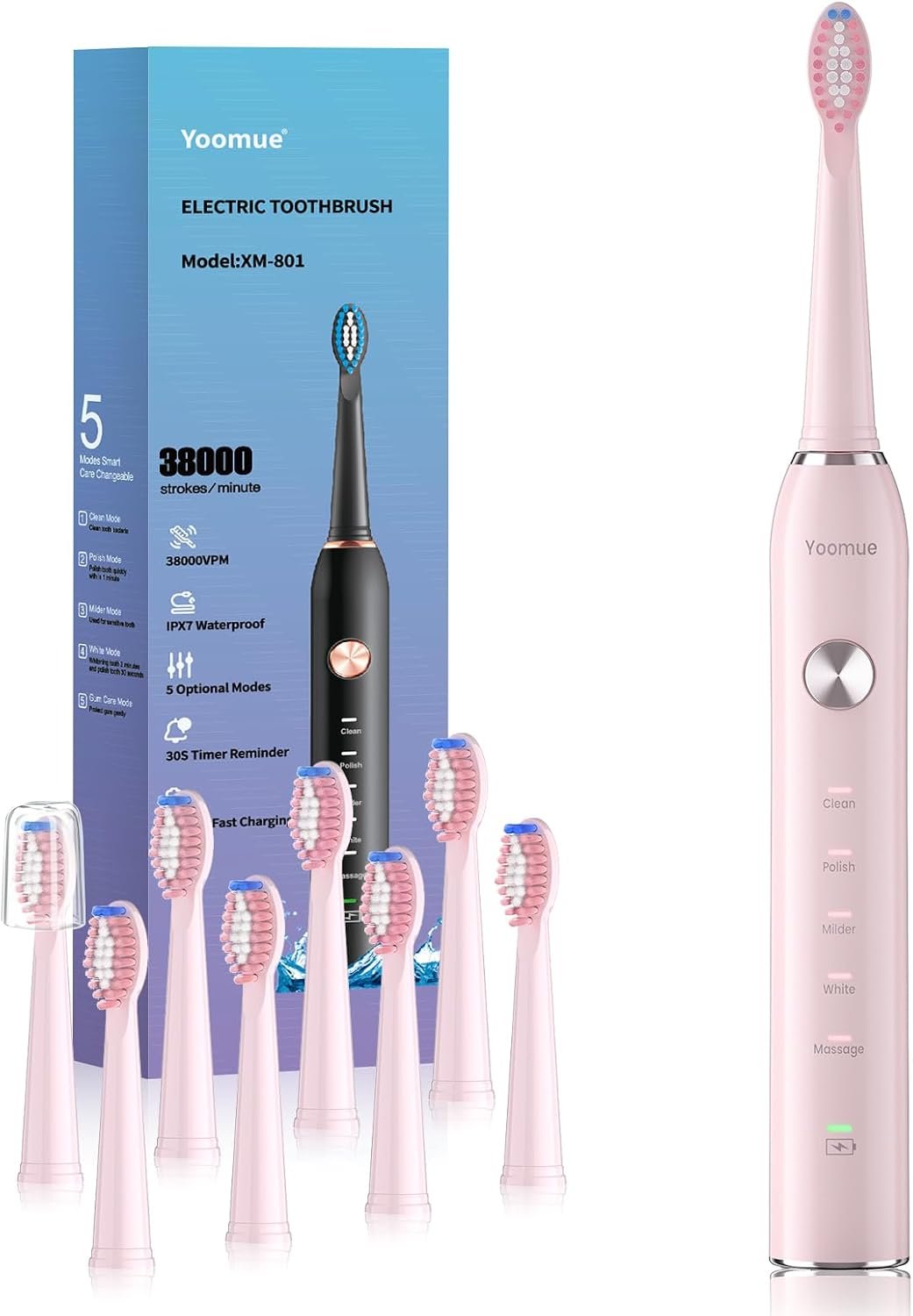 Sonic Electric Toothbrush for Adults & Kids – 5 High-Performance Modes, 8 Replacement Heads, 2.5-Hour Fast Charge, Built-in Smart 2-Minute Timer, IPX7 Waterproof, 35 Day Battery Life – Pink