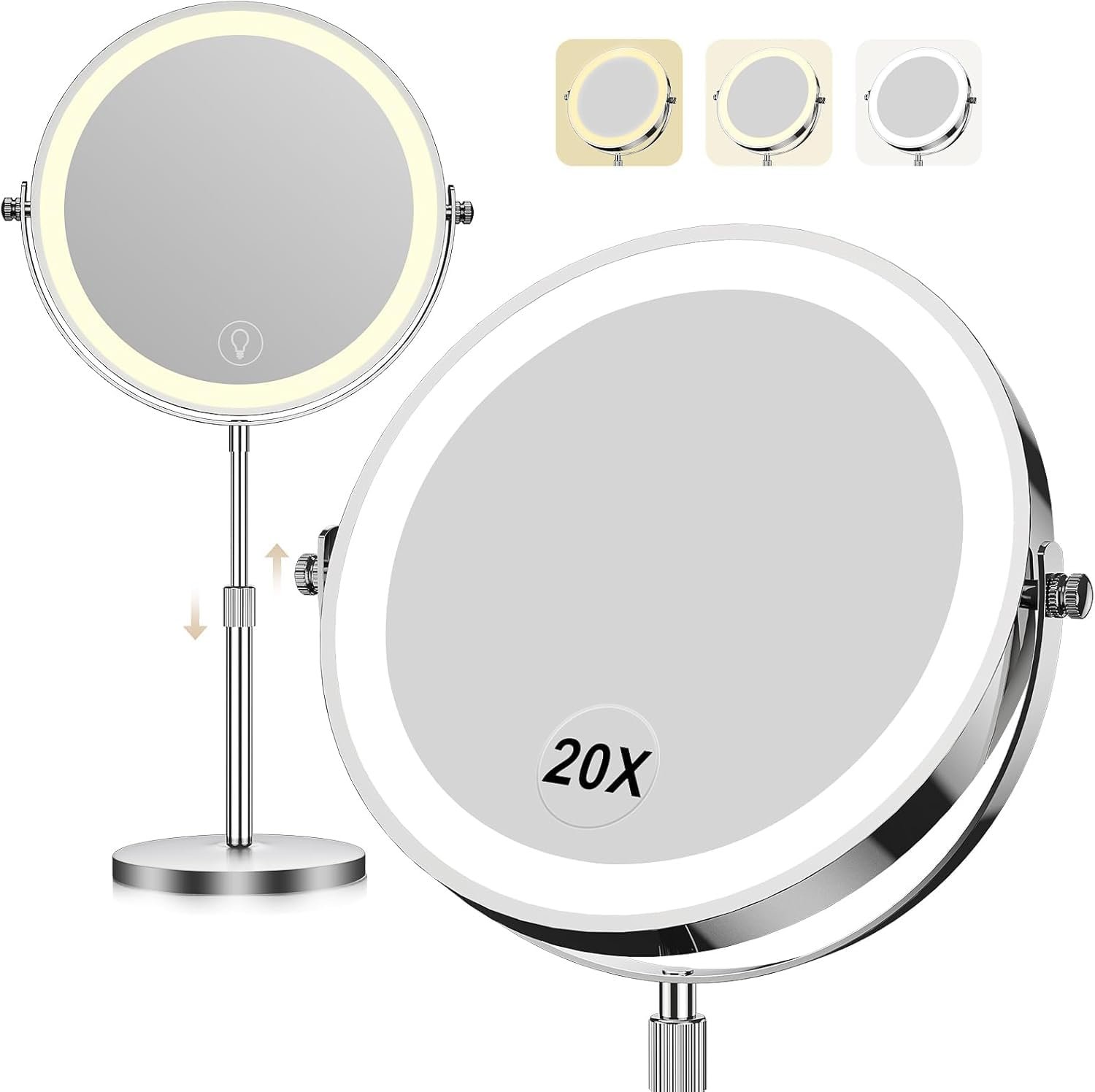 Dienmern Makeup Mirror, 1X/20X Rechargeable Vanity Mirror with Lights | Double-Sided, 5000mAh, 3 Color Dimmable Brightness, Magnification, 360° Rotation, for Dorm, Room Essentials, Women Gift