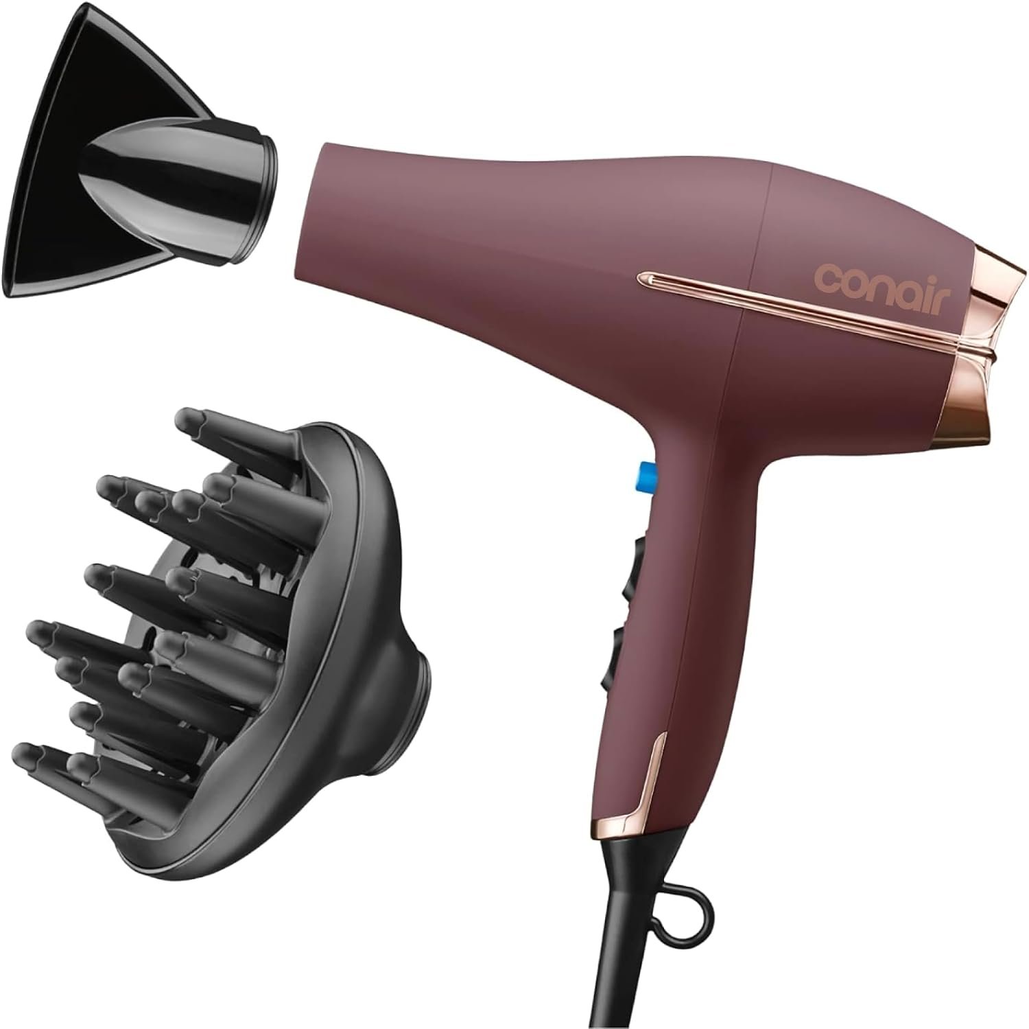 Conair Hair Dryer with Diffuser & Concentrator, 1875W AC Motor, Plum | Fast-drying blow dryer for all hair types, includes custom heat and speed controls, a 2-lb. design, and a 6-foot cord