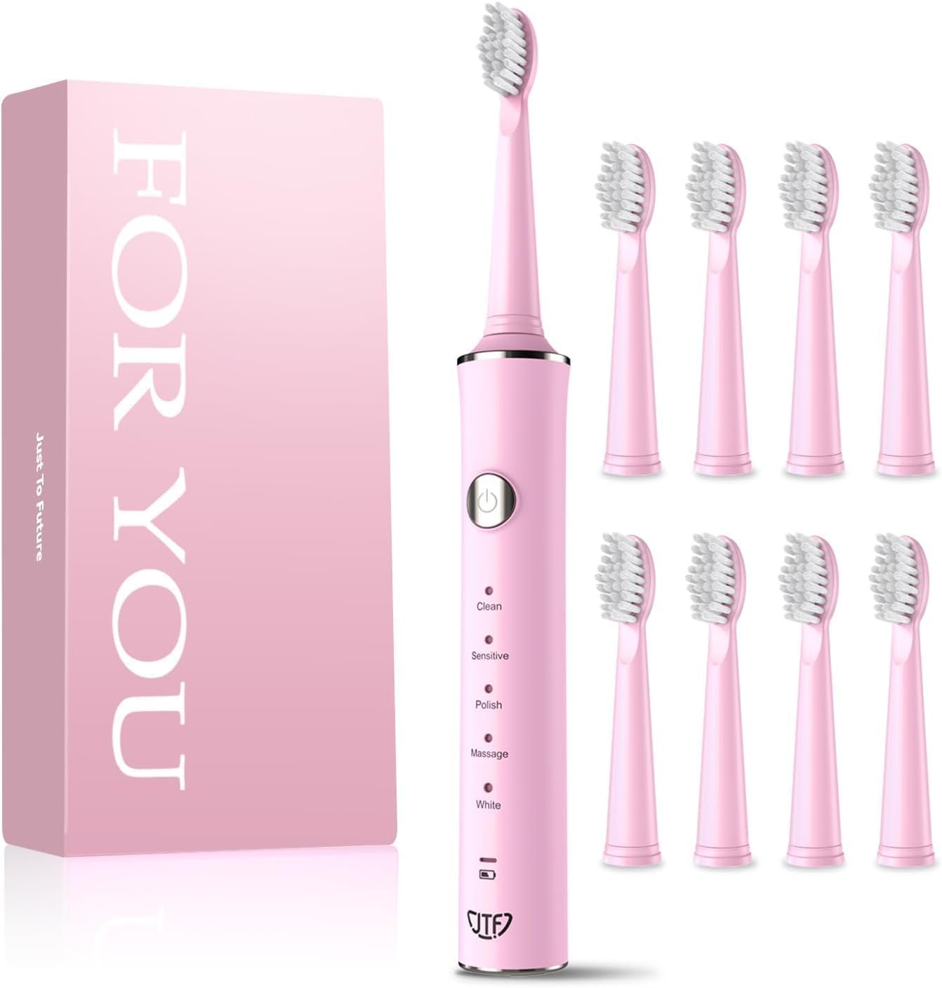 JTF Sonic Electric Toothbrush for Adults and Kids: 5 Modes for Sensitive Teeth & Braces – with 8 Brush Heads, 45-Day Runtime & Smart Timer, Portable Rechargeable Toothbrush for Travel, Home & School