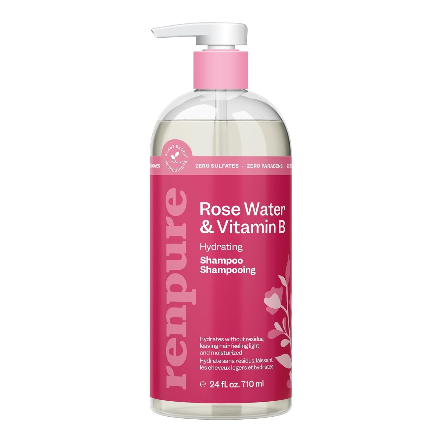 RENPURE Plant-Based Rose Hydrating Shampoo for Dry Hair – Sulfate-Free, Paraben-Free, Cruelty-Free & Color-Safe – Naturally Moisturizing & Refreshing for Women | Gently cleanses and softens strands while locking in hydration for smoother, shinier and healthier-looking results every wash