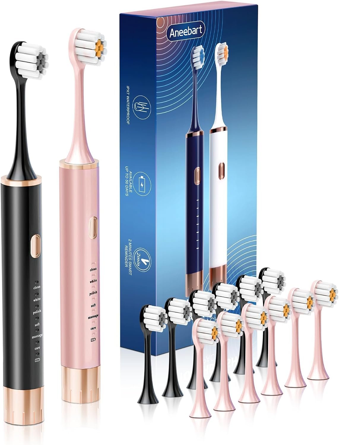 Aneebart Black & Pink Electric Toothbrush for Adults, 2 Pack Toothbrush，USB Rechargeable Sonic Toothbrush with 12 Brush Heads, Smart Timer, 6 Modes, 2-Hour Fast Charge Last 30 Days