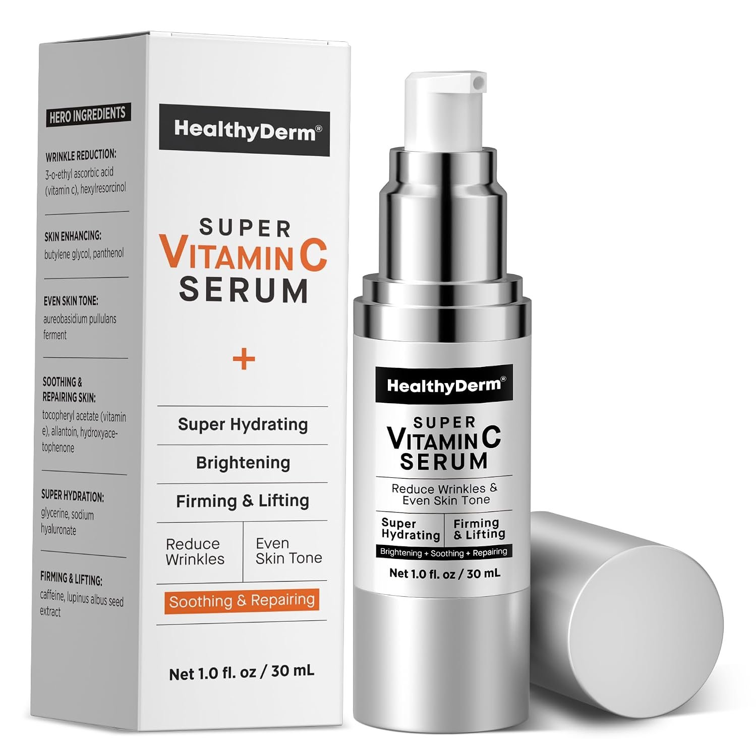 HealthyDerm Super Vitamin C Serum for Women Over 70: Niacinamide, Vitamin C, Hyaluronic Acid, Peptides, Vitamin E, Caffeine, Bakuchiol, Hydrating, Lifting, Face Wrinkle & Age Spots Reduction