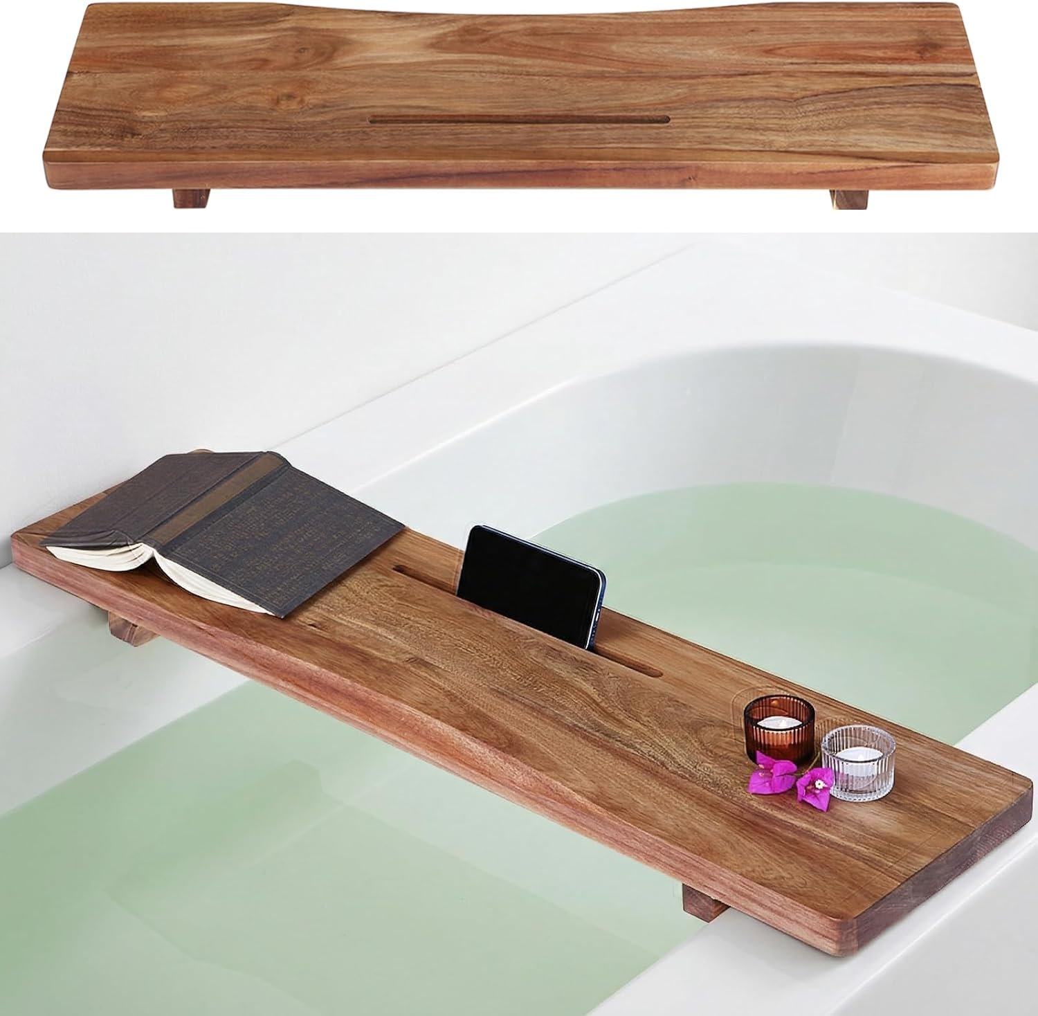 Acacia Wood Bathtub Tray Caddy with Adjustable Legs for Standard Tub | Minimalistic Design, Adjustable Legs, 29.5″L × 9″W, Fit Standard and Against Wall Bath Tubs, Gift Idea for Women