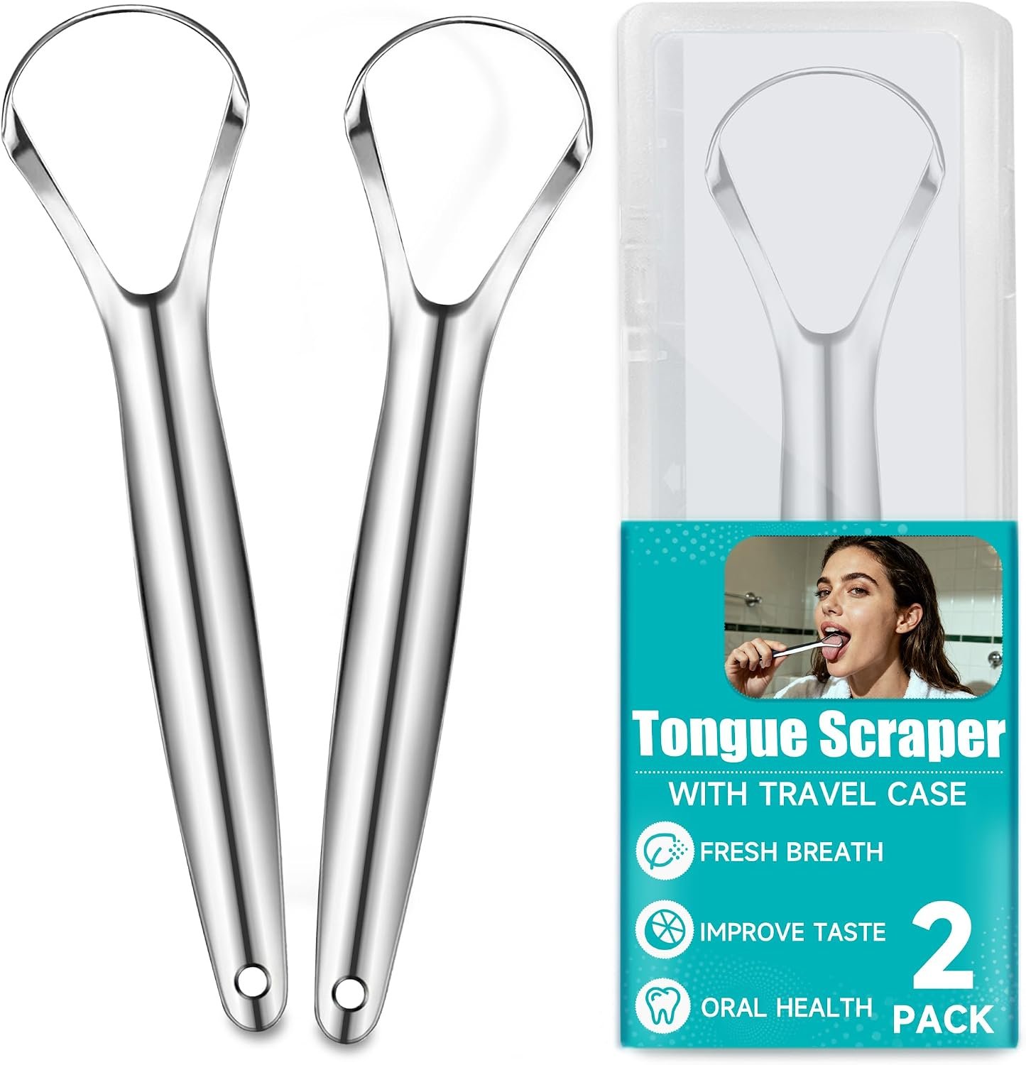 EZ COZY 2 Pack Tongue Scraper for Adults, Reduce Bad Breath, Tongue Cleaner with Travel Case, Stainless Steel Tongue Scrapers, Tongue Brush, Tongue Scrubber for Oral Care & Hygiene