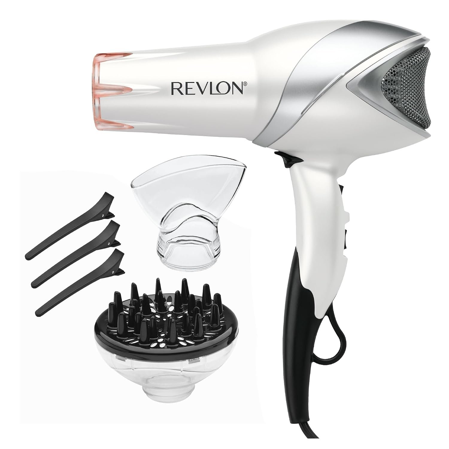 REVLON Infrared Ionic Hair Dryer with Diffuser & Concentrator, White | 2 Speed Settings, Tourmaline Technology for Frizz Control, 1875 Watt Power for Fast Drying, Suitable for All Hair Types