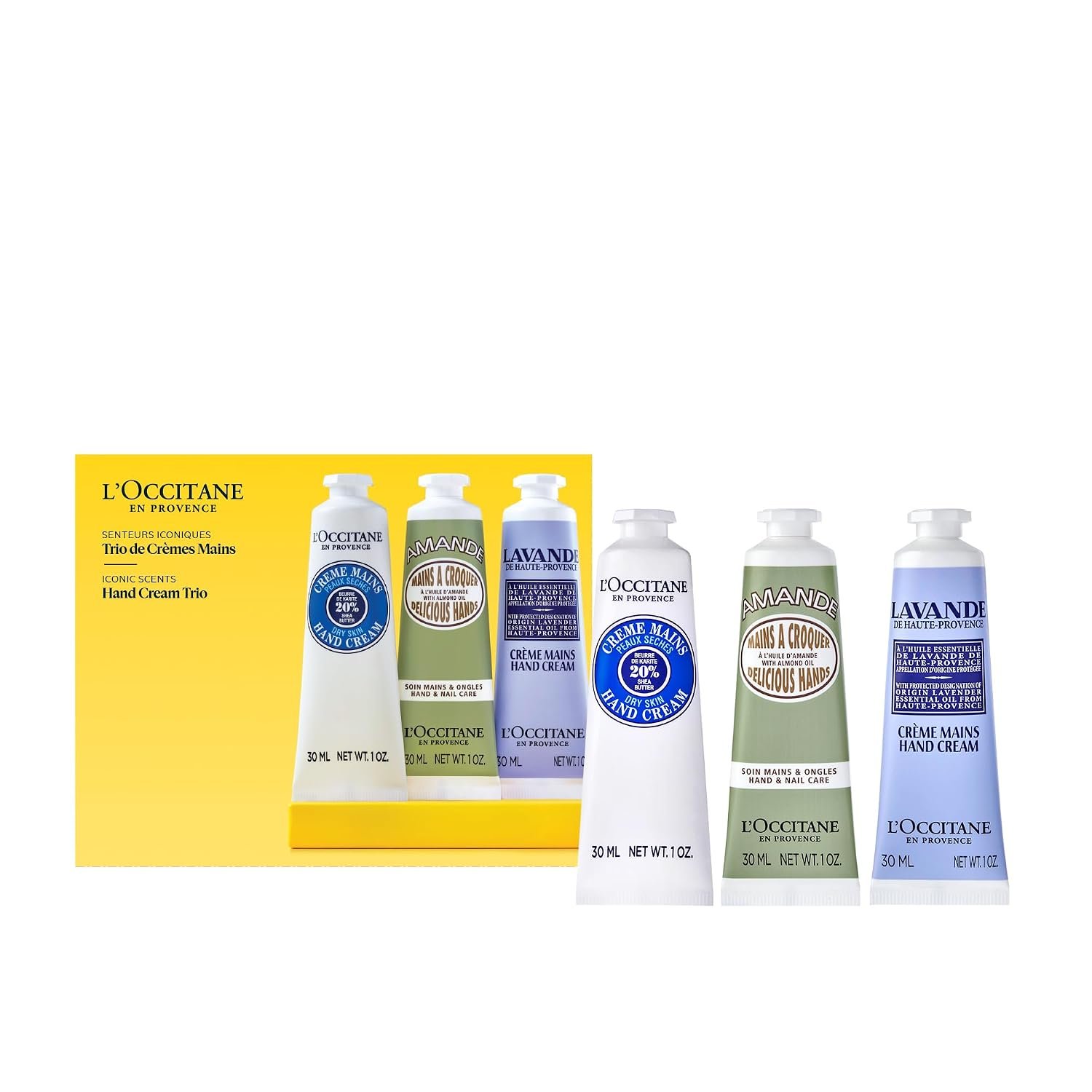 L’Occitane Hand Cream Classics 3-Piece Gift Set, Travel-Sized, Vegan Care | Moisturizing trio nourishes dry hands, nails & cuticles, softening daily use, skincare, gift set, ritual, essential, minis
