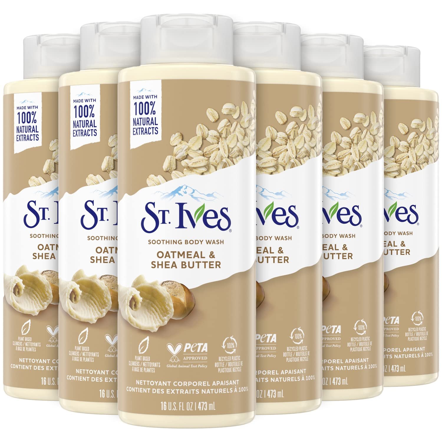 St. Ives Body Wash, Soothing Oatmeal & Shea Butter 6-Pack, 16 Oz Ea | Moisturizing Body Wash for Sensitive Skin Made with Plant-Based Cleansers and 100% Natural Extracts for Calming Skin Care