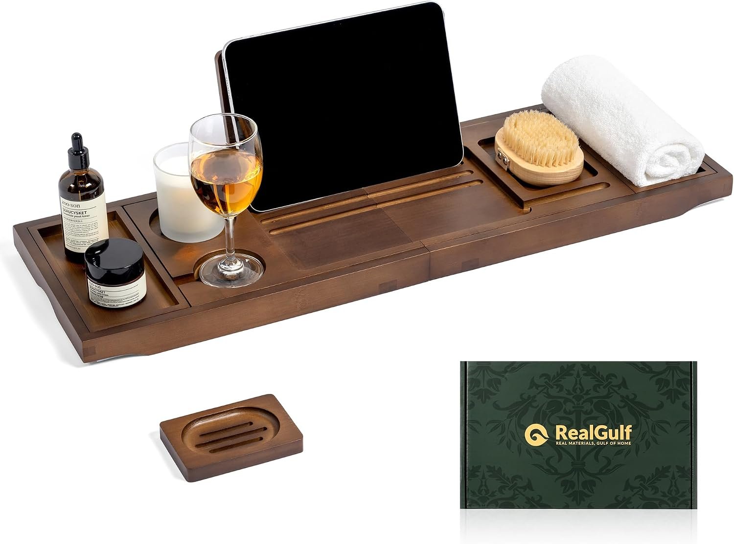 Bamboo Bathtub Tray, Brown Bath Caddy | Wine Glass Holder, Phone Dock, Book Stand, Hands Free Reading, Spa Relax Bath Accessory