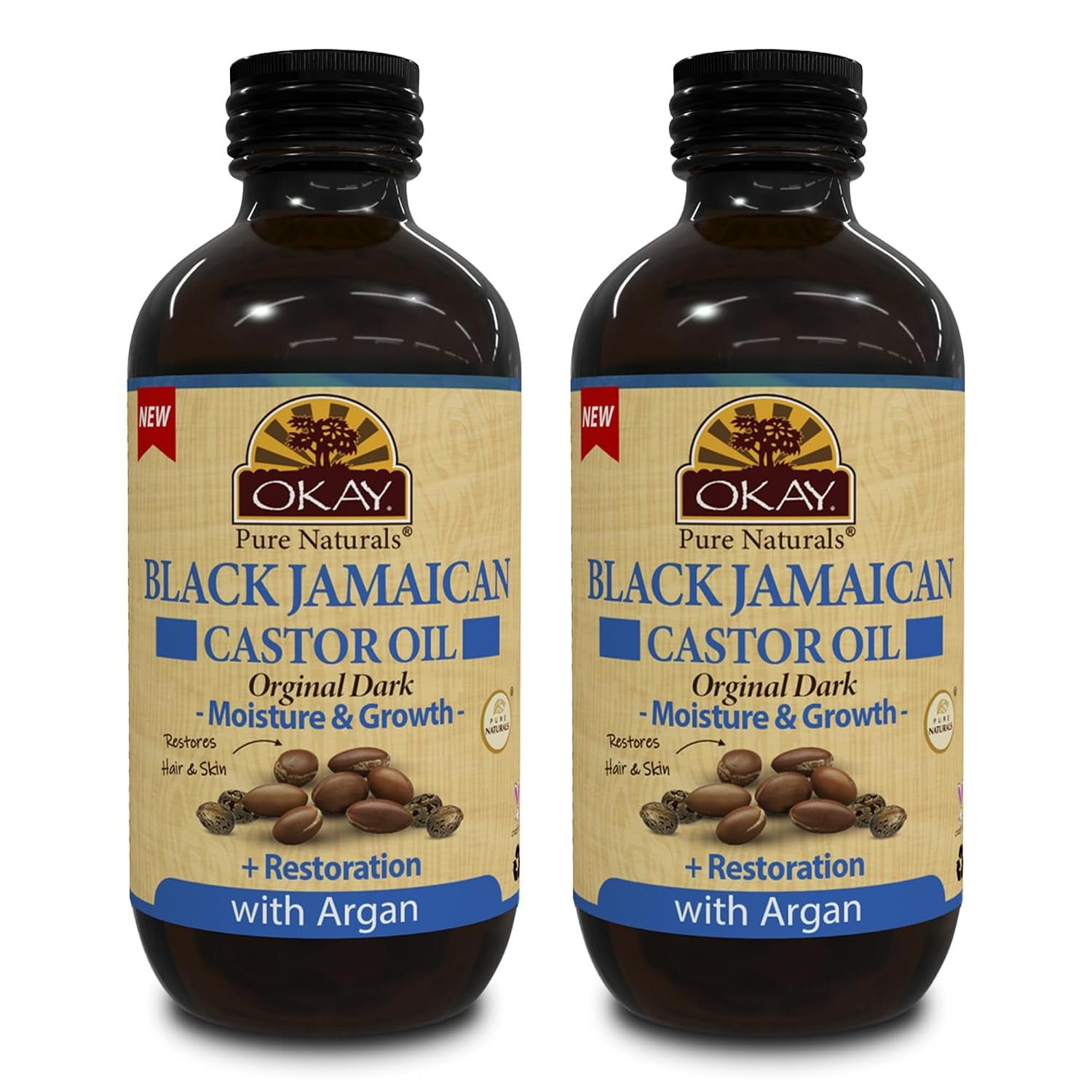 OKAY Pure Naturals Black Jamaican Castor Oil with Argan Oil – Castor Oil for Hair Growth, Moisture for Skin, Face, Scalp, Eyelashes, Eyebrows, for Men & Women – 4 Fl Oz Glass Bottle (2 Pack)