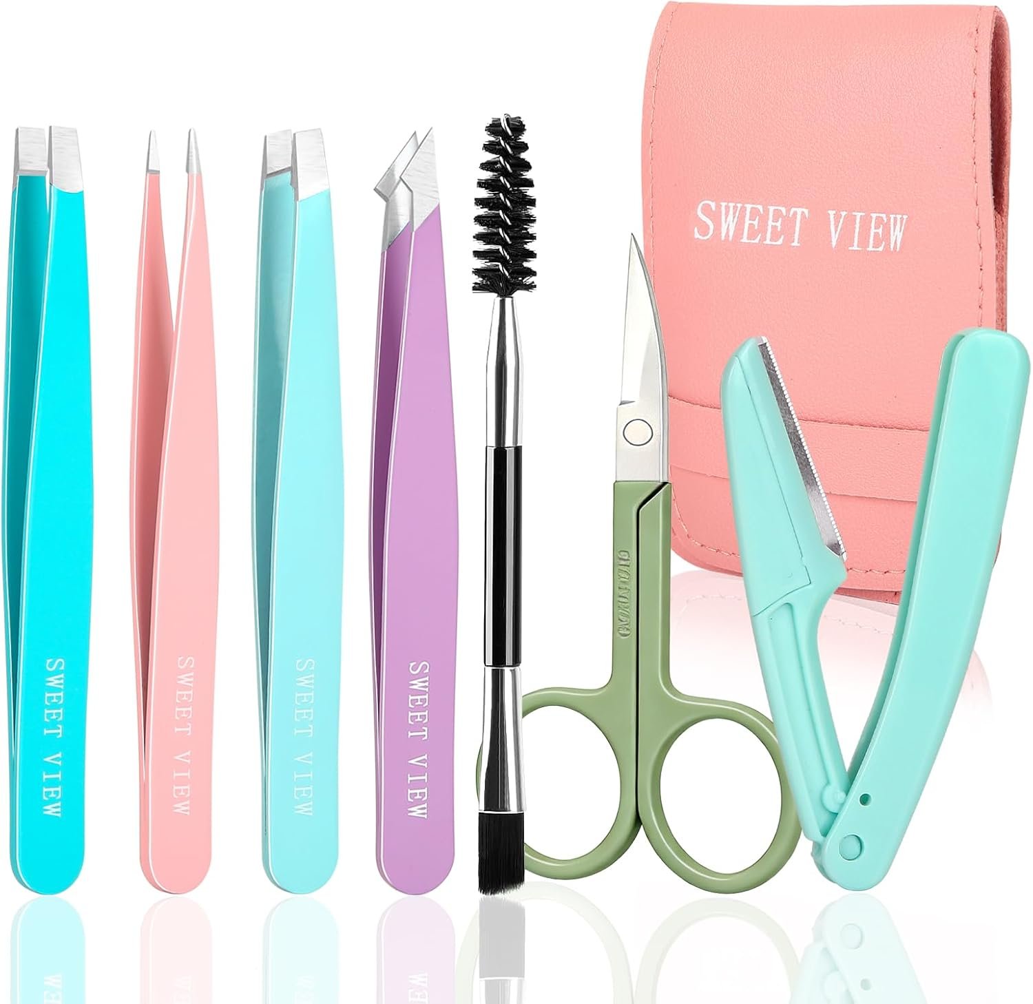 SWEET VIEW 7PCS Tweezers Kit for Women Facial Hair & Brow | Plucker with Eyebrow Scissors & Razor & Spoolie for Chin, Splinter and Ingrown Hair