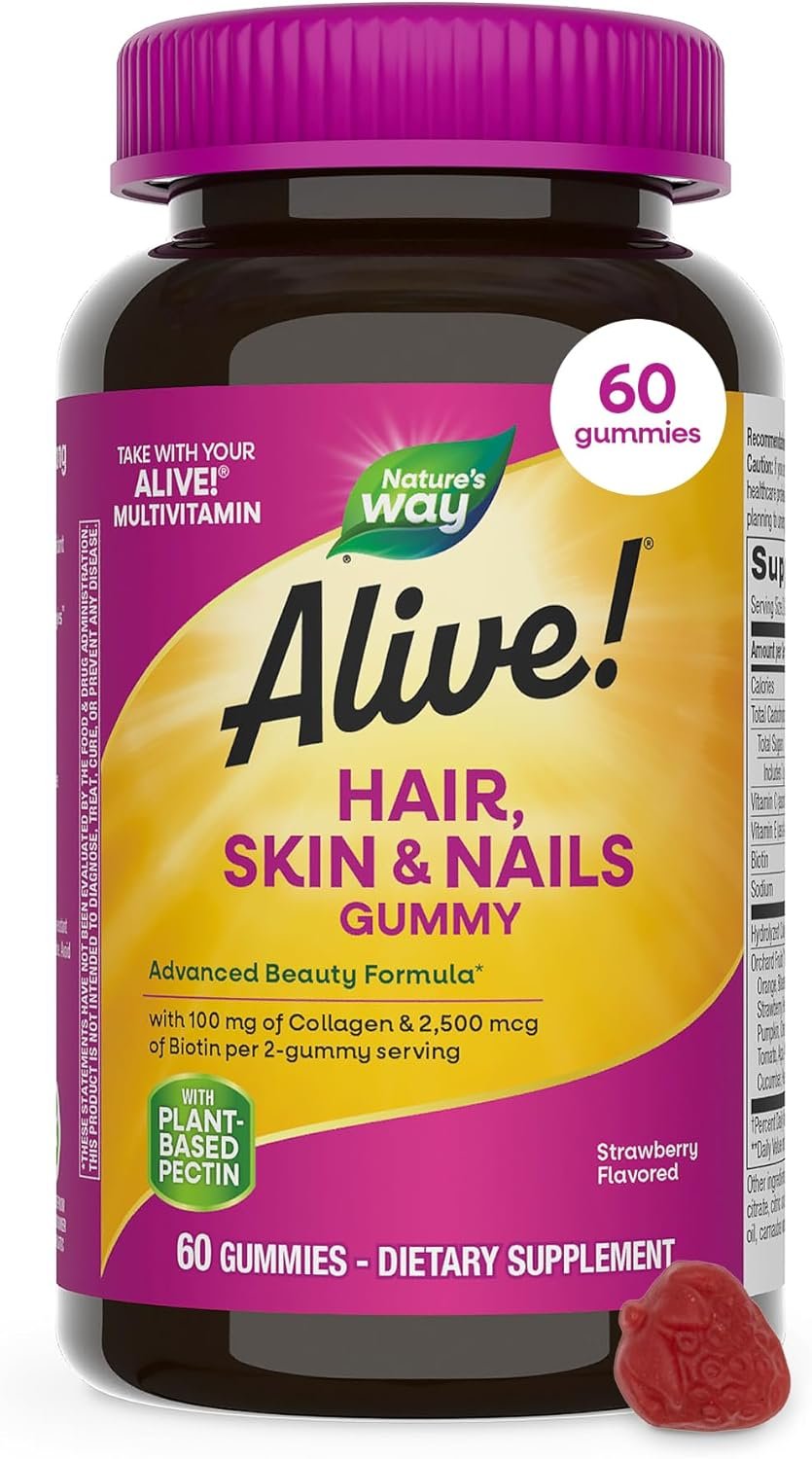 Nature’s Way Alive! Hair, Skin & Nails Gummies with Collagen & Biotin,60 ct | Advanced Beauty Formula Supplement with Antioxidant Vitamins C & E*, 100 mg Collagen, 2,500 mcg Biotin, Strawberry Gummy