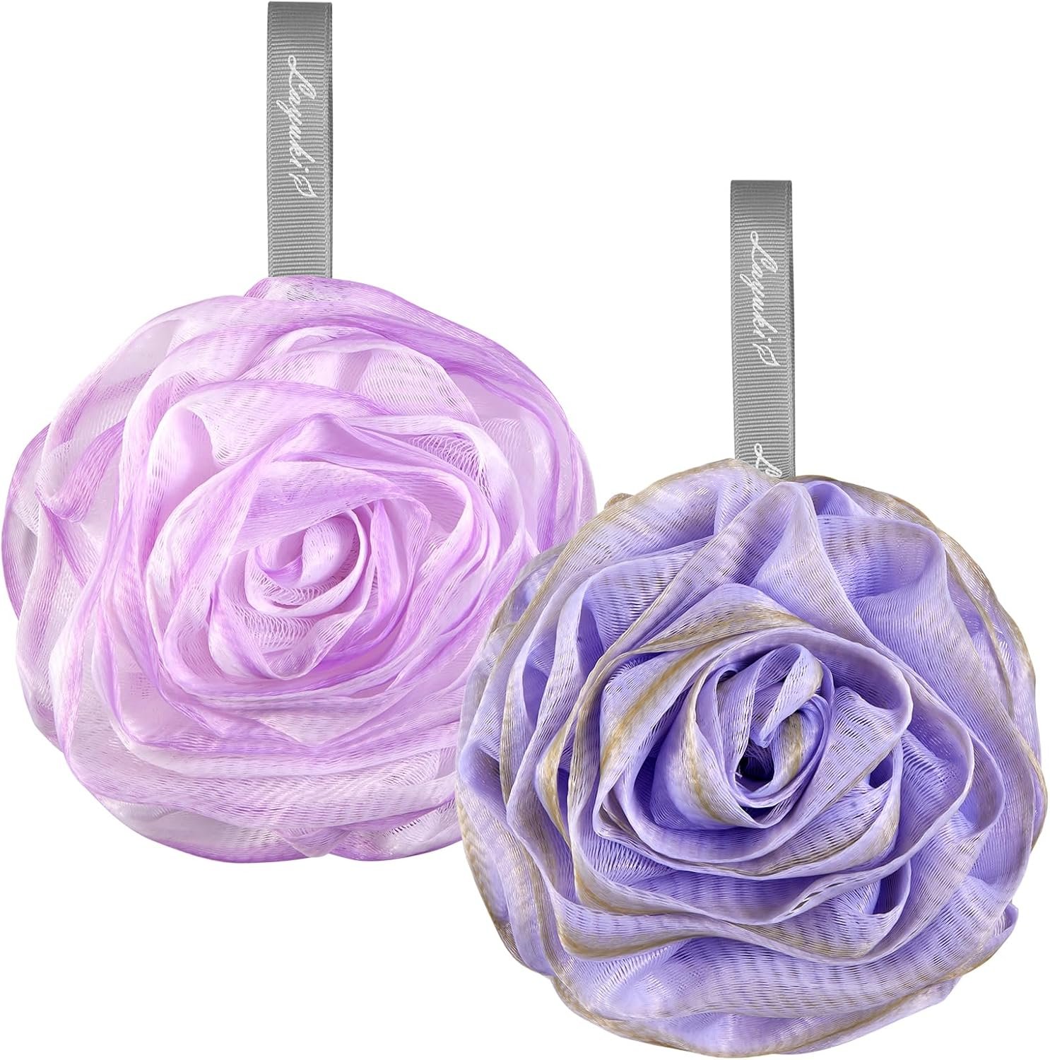 LAYUKI Bath Loofah, Shower Loofah, Body Loofah, Bath Sponge, Shower Sponge, Body Sponge, Bath Scrubber, Shower Scrubber, Body Scrubber, Rose-Shaped, Elegant (Set of 2 Pieces,Purple and Grey)