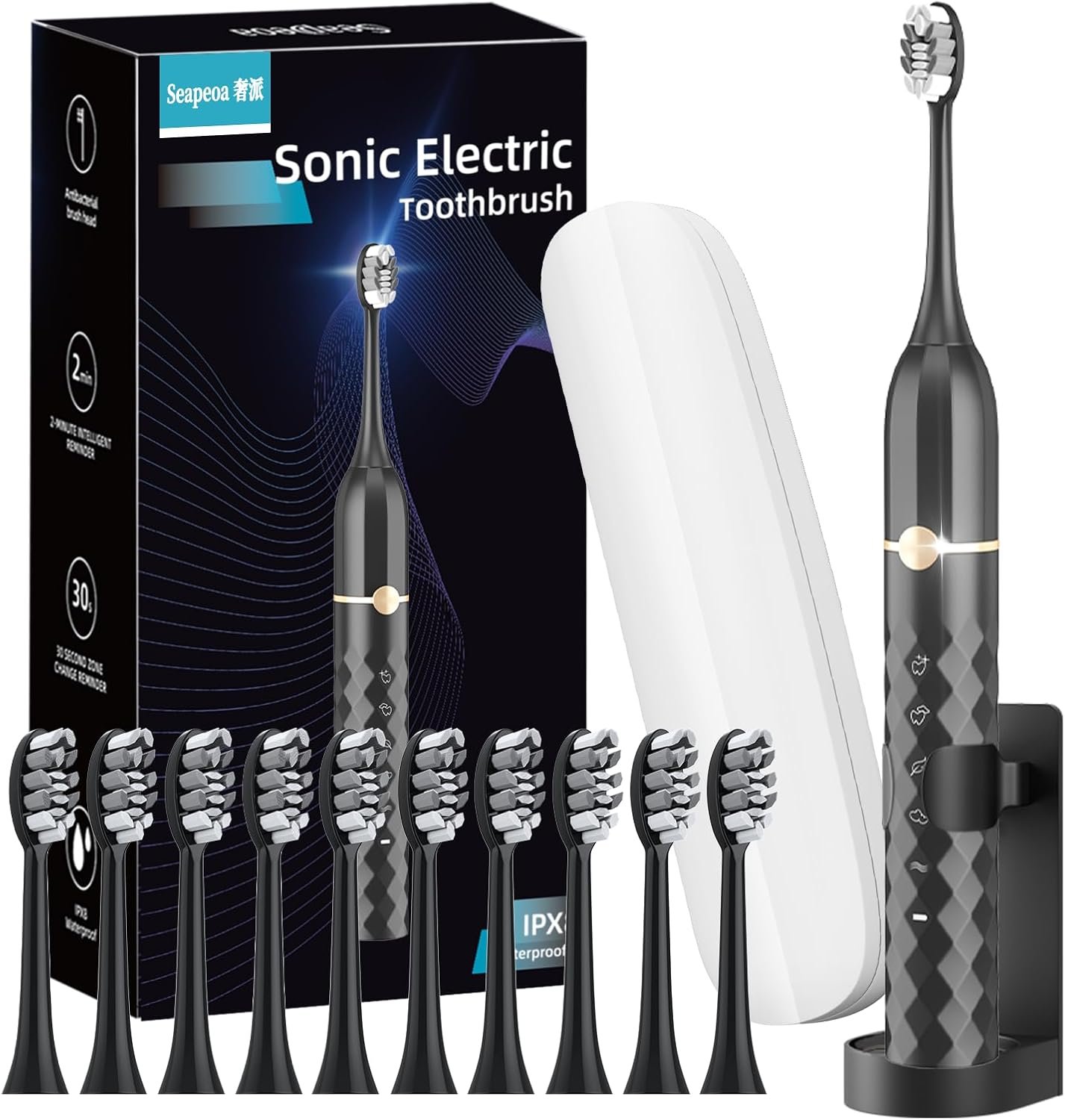 Seapeoa Sonic Electric Toothbrush Set, Equipped with 10 Brush Heads and Travel Case, IPX8 Waterproof, 2-Minute Timer, 42000 High-Frequency Vibrations, 5 Modes, The First Choice for Gift Giving, Black