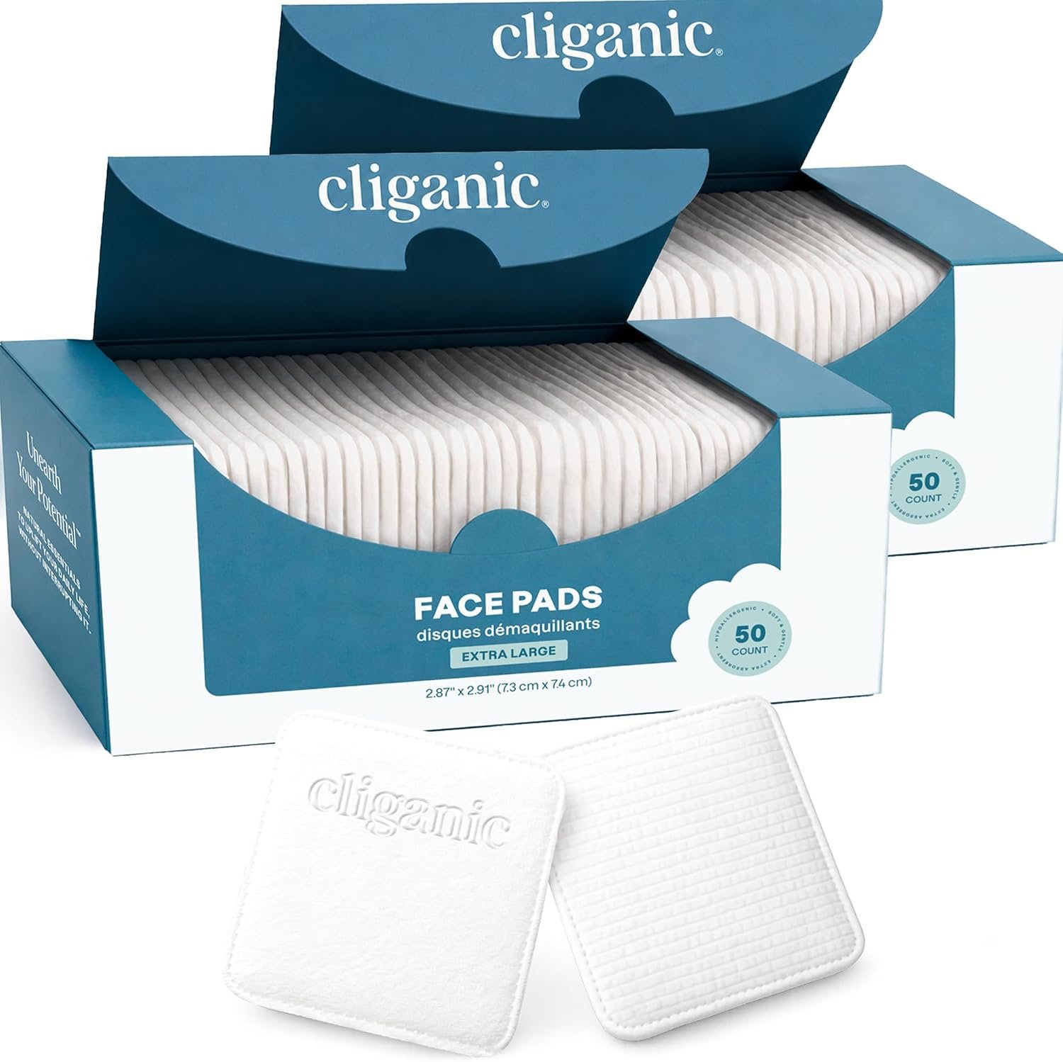 Cliganic Extra Large Face Pads (100 Count) – Soft, Extra Absorbent, Ultra Durable, Hypoallergenic, For Makeup, Nail Polish & Daily Buildup Removal, Toner & Cleanser Application, Dual Sided & Lint-Free