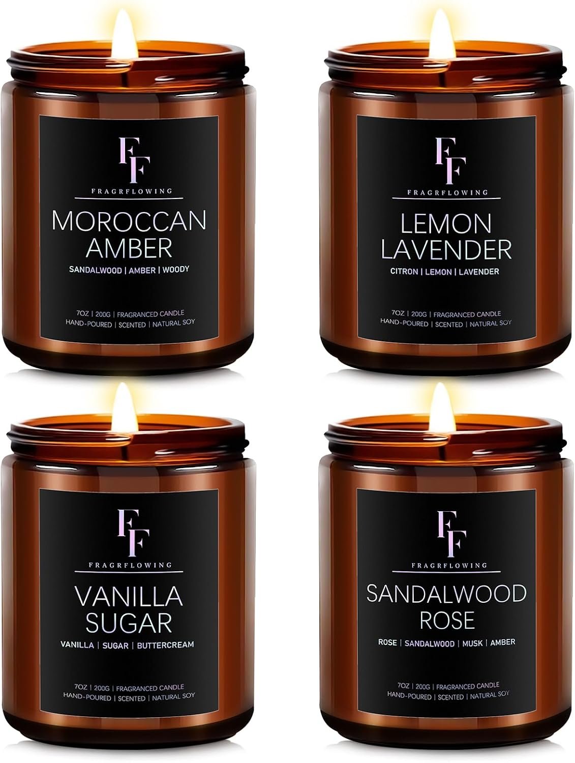 FF FRAGRFLOWING Scented Candles for Home, Soy Wax, 4 Pack 28 oz | Lavender, vanilla, sandalwood rose & Moroccan amber; Home fragrance gift set for women men; 200-Hour Total Burn