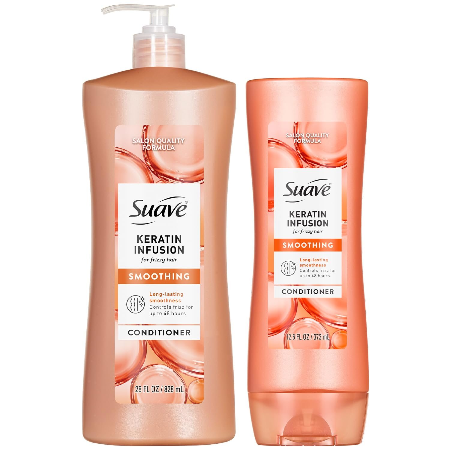 Suave Keratin Infusion Smoothing Conditioner 2-Size Bundle, Gentle Everyday Moisture for Smooth, Manageable Hair, 48H Frizz Control