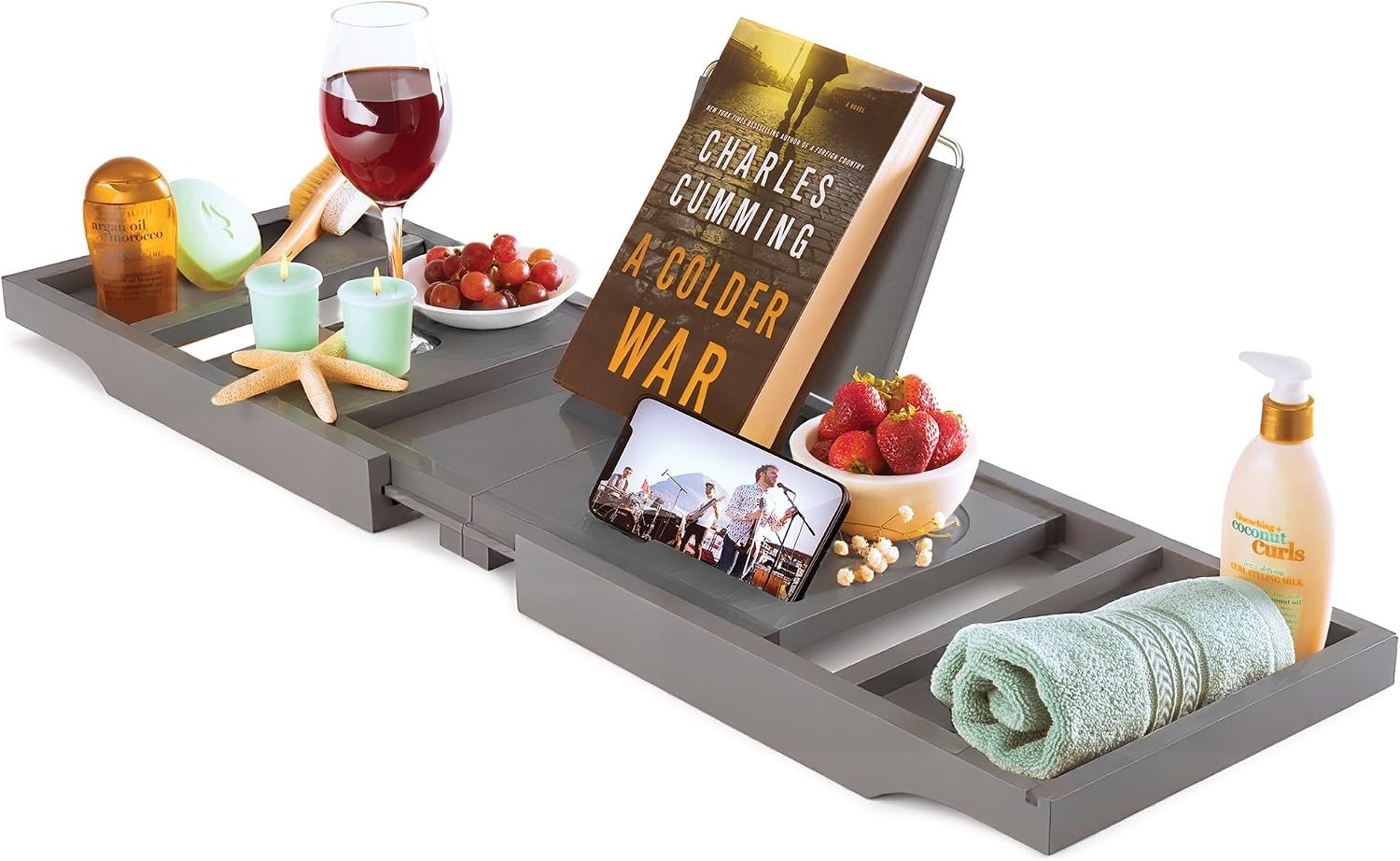 Bathtub Tray for Tub – Grey Bamboo Bath Caddy Tray, Expandable Wood Bathtub Caddy with Wine Glass Holder, Book and Tablet Stand, Bath Accessories, Spa Tub Table, Relaxation Gifts for Women and Mom